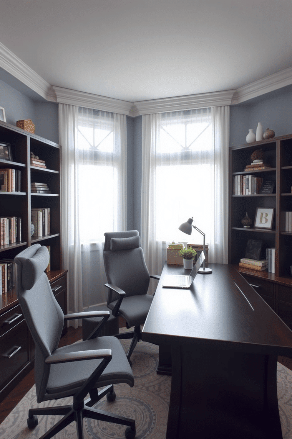 An elegant home office featuring an L-shaped desk designed to maximize corner space. The desk is crafted from dark wood with a sleek finish, complemented by a comfortable ergonomic chair upholstered in soft gray fabric. The walls are painted in a calming light blue, creating a serene atmosphere conducive to productivity. A large window allows natural light to flood the room, with sheer white curtains that add a touch of softness. On the desk, a stylish laptop sits next to a small potted plant, while a modern desk lamp provides focused lighting. Bookshelves filled with neatly arranged books and decorative items flank the desk, enhancing the organized and inviting feel of the space.