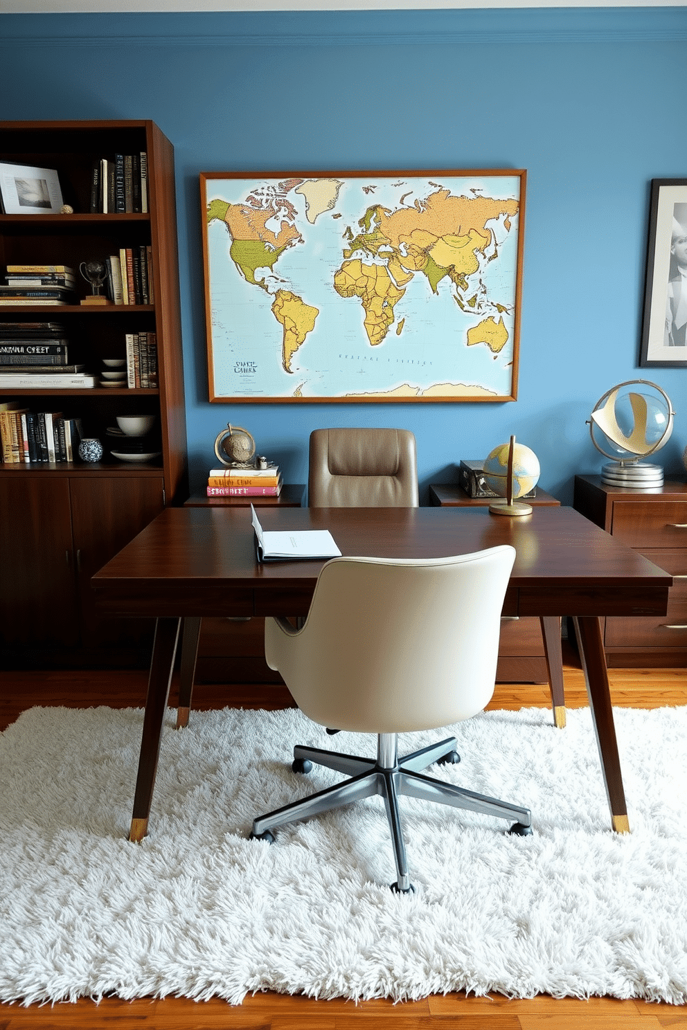 A stylish home office featuring a large wooden desk with a sleek, modern chair. Behind the desk, a world map is framed on the wall, complemented by a vintage globe on a side table, creating a sense of adventure and exploration. The room is painted in a soft blue hue, promoting a calm and focused atmosphere. A bookshelf filled with travel books and decorative items adds personality, while a plush rug underfoot enhances comfort.