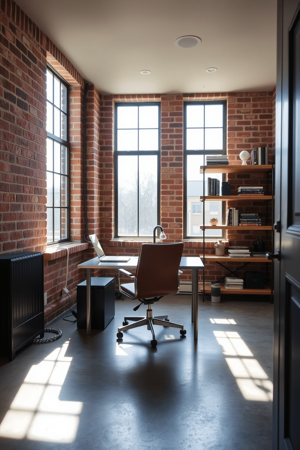 A modern home office featuring industrial style elements. The space showcases exposed brick walls, complemented by a sleek metal desk and a comfortable leather chair. Natural light floods the room through large windows, casting shadows on the polished concrete floor. Shelves made of reclaimed wood hold books and decorative items, adding warmth to the industrial aesthetic.