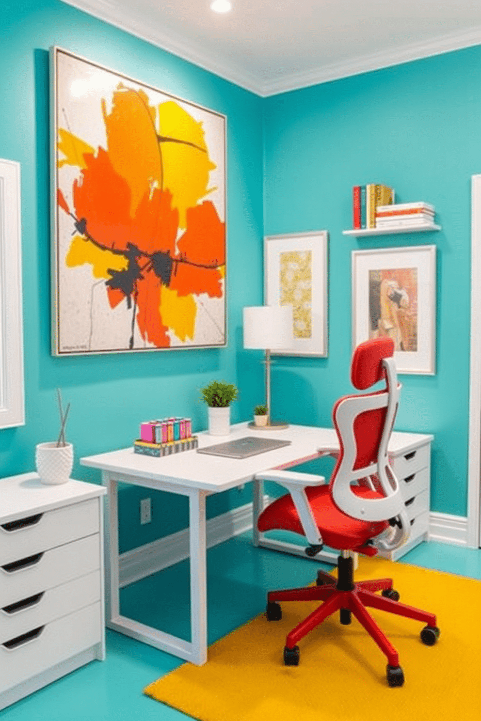 A vibrant home office filled with bright colors to energize the workspace. The walls are painted in a lively turquoise, complemented by a large abstract art piece that adds a splash of orange and yellow. A sleek white desk sits in the center, adorned with a colorful desk organizer and a potted plant. A comfortable ergonomic chair in a bold red hue provides a pop of color, while a bright yellow rug anchors the space beneath.