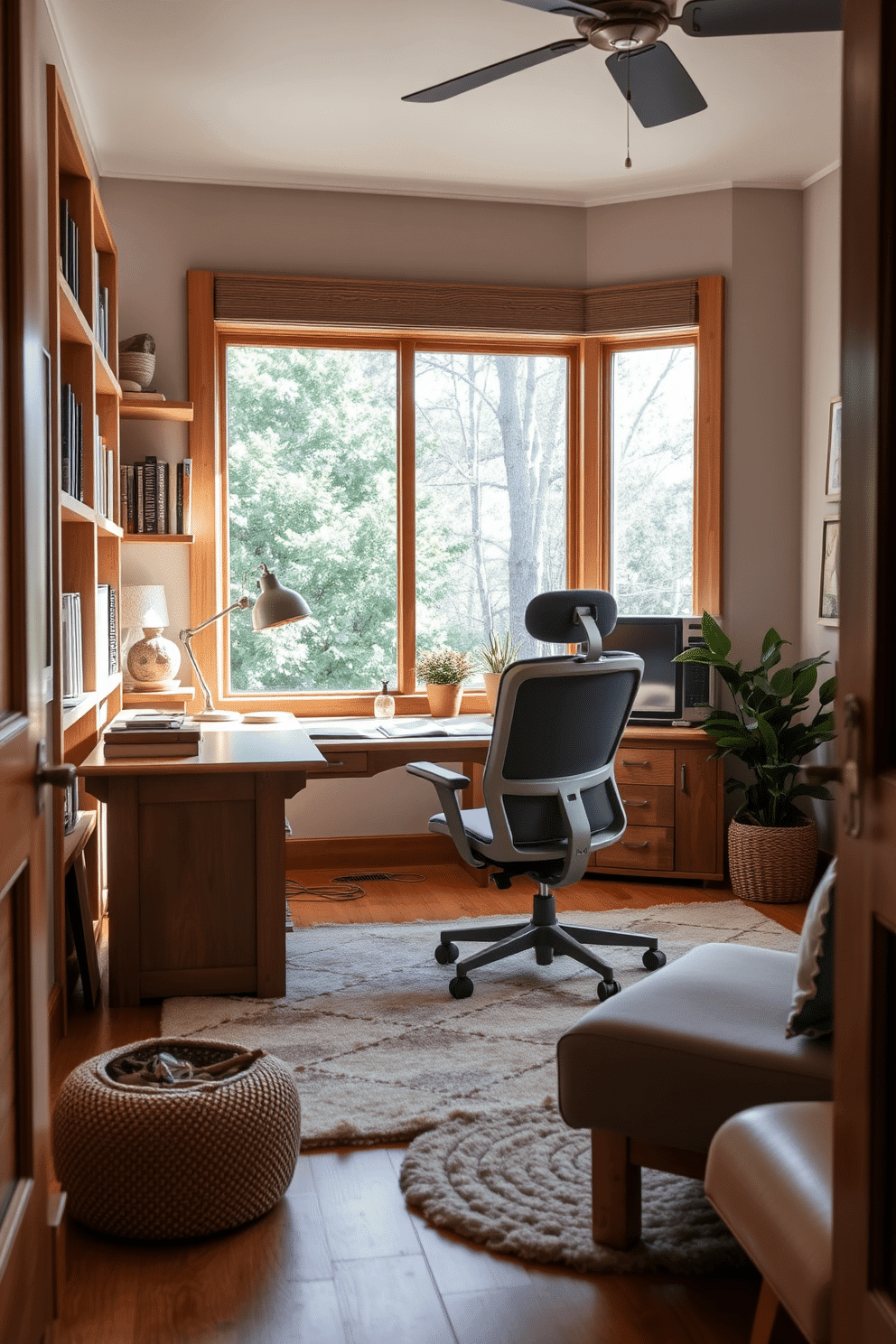 A cozy home office featuring warm wood tones throughout the space. A large wooden desk with a natural finish sits against the wall, complemented by a comfortable ergonomic chair upholstered in soft fabric. The shelves above the desk are filled with books and decorative items, all in earthy hues. A plush area rug in neutral tones anchors the room, while a large window allows natural light to flood in, creating an inviting atmosphere.