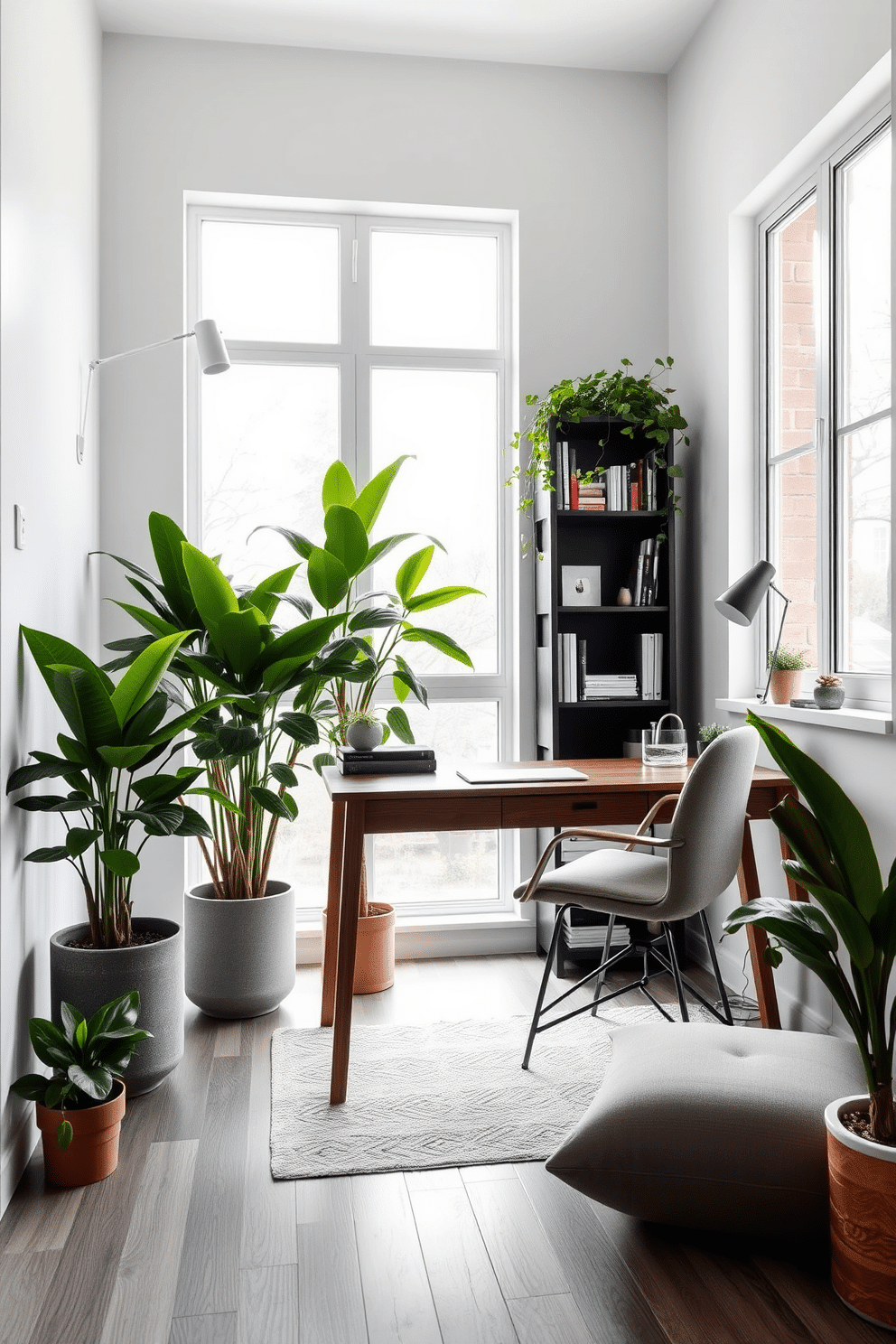 A modern home office featuring a sleek wooden desk positioned against a large window that allows natural light to flood the space. Lush potted plants are strategically placed around the room, adding a vibrant touch of greenery to enhance the fresh and inviting atmosphere. The walls are painted in a calming light gray, complemented by a cozy accent chair in a soft fabric. A stylish bookshelf filled with books and decorative items stands in one corner, while a minimalist desk lamp provides focused lighting for work tasks.