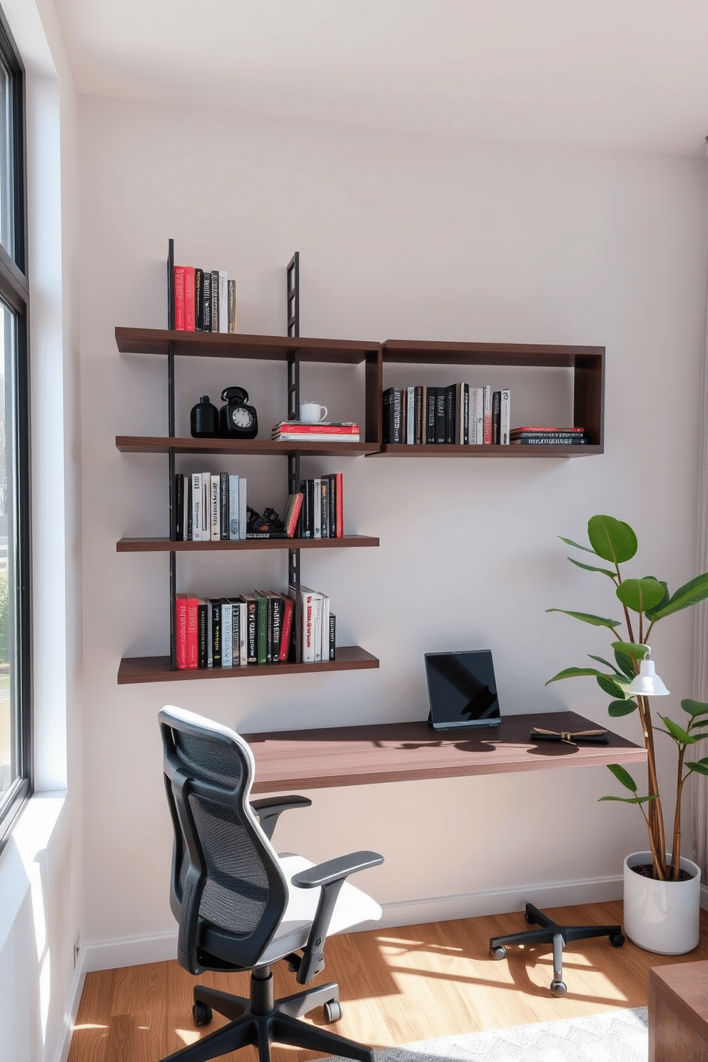 A modern home office featuring wall-mounted shelves that provide extra storage space. The shelves are made of sleek, dark wood and are adorned with stylish books and decorative items, creating an organized yet inviting atmosphere. The desk is positioned beneath a large window, allowing natural light to flood the room. A comfortable ergonomic chair complements the minimalist design, while a potted plant adds a touch of greenery to the workspace.