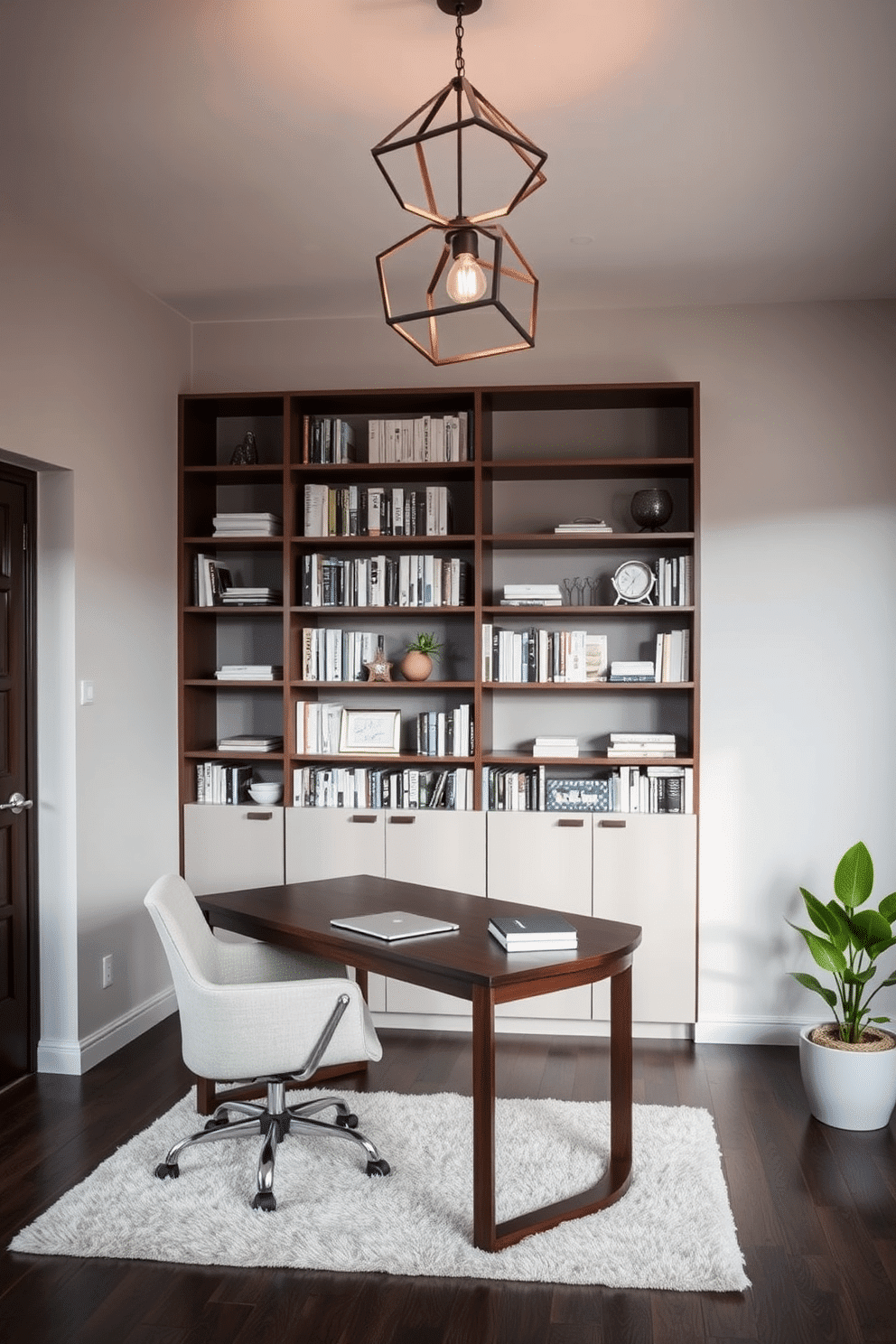 A modern home office featuring a sleek, minimalist desk made of dark wood, paired with an ergonomic chair in a contrasting light fabric. The space is illuminated by a statement pendant light fixture with a geometric design, casting a warm glow over the room. The walls are painted in a soft gray, creating a serene backdrop for a large bookshelf filled with neatly organized books and decorative items. A plush area rug in a neutral tone anchors the space, while a potted plant adds a touch of greenery and vibrancy to the design.