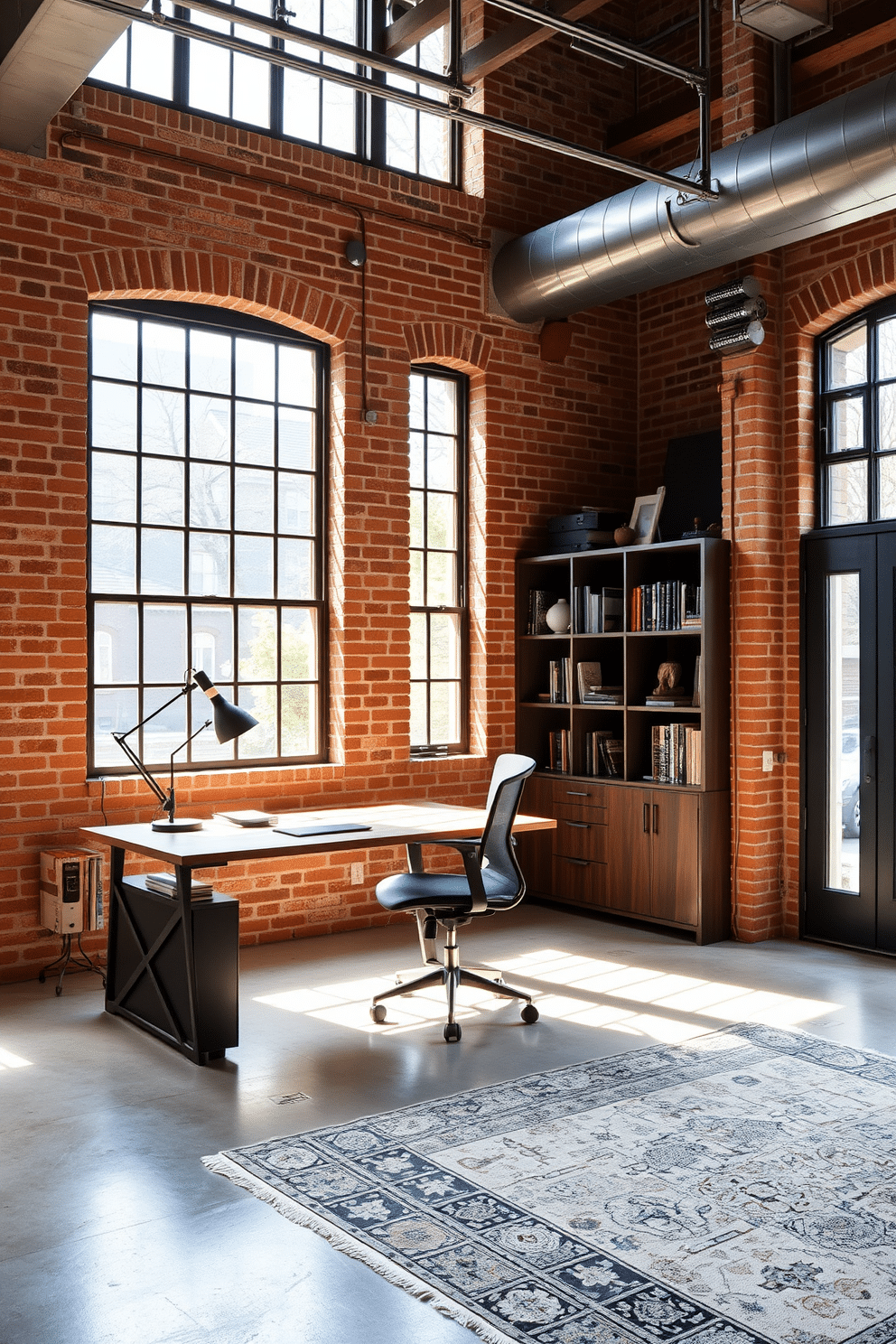 A modern industrial home office featuring exposed brick walls and large windows that allow natural light to flood the space. The room includes a sleek wooden desk with metal accents, paired with an ergonomic chair and a stylish bookshelf filled with books and decorative items. The flooring is a polished concrete, enhancing the industrial feel, while a large area rug adds warmth. Ambient lighting is provided by a combination of pendant lights and desk lamps, creating a comfortable yet sophisticated working environment.