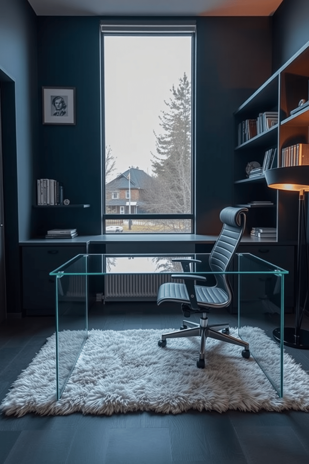 A sleek glass desk sits centrally in a modern home office, reflecting natural light from a large window. The desk is paired with a stylish ergonomic chair, and minimalistic shelves line the walls, showcasing curated books and decor. The color palette features deep blues and grays, creating a masculine yet inviting atmosphere. A plush area rug anchors the space, while a contemporary lamp provides warm illumination for late-night work sessions.