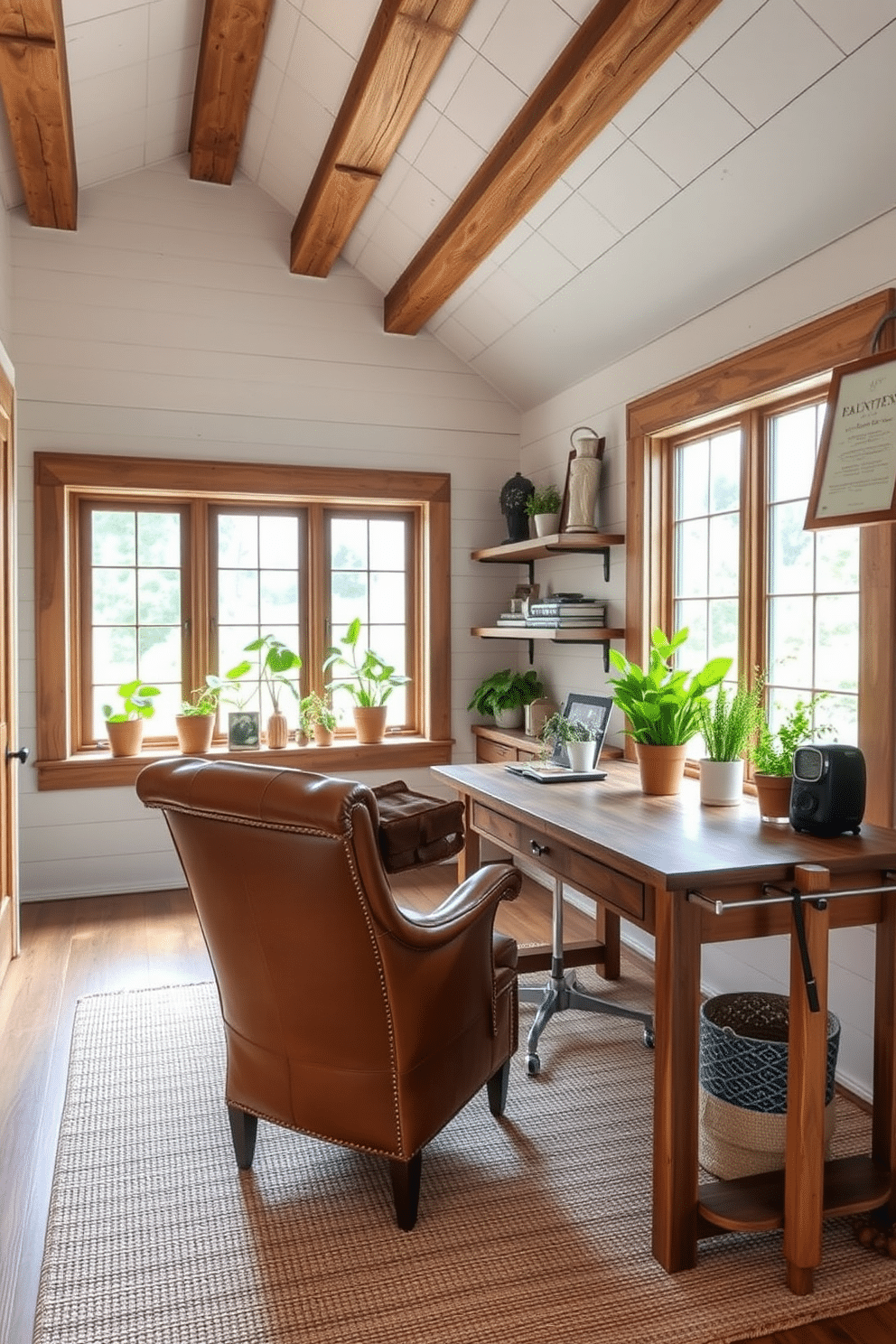 A cozy home office featuring rustic farmhouse elements, with exposed wooden beams and a reclaimed wood desk. The walls are adorned with shiplap paneling, and a vintage leather chair complements the warm, earthy tones of the space. Natural light floods the room through large windows, illuminating a collection of potted plants on the windowsill. A woven rug adds texture underfoot, while shelves made from distressed wood display books and personal mementos.