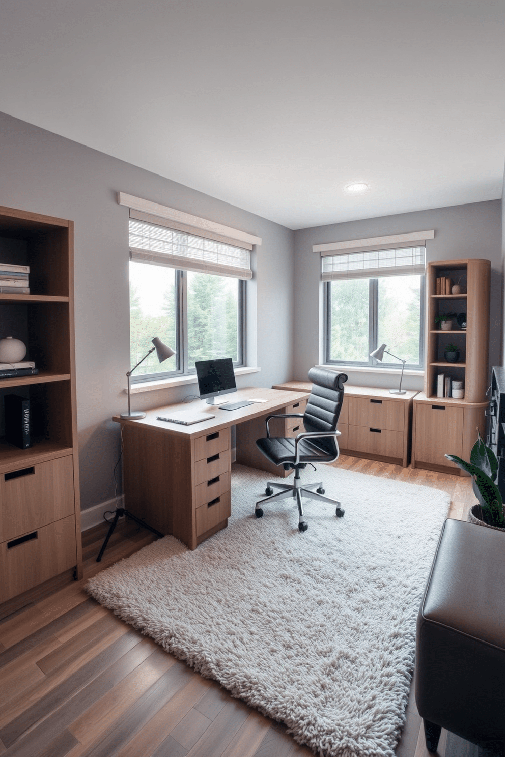 A modern home office designed for men, featuring a neutral color palette that promotes a calming atmosphere. The space includes a sleek wooden desk with clean lines, paired with a comfortable leather chair and minimalistic shelving units. Soft gray walls create a serene backdrop, while a plush area rug adds warmth underfoot. Large windows allow natural light to flood the room, complemented by stylish desk lamps that provide additional illumination.