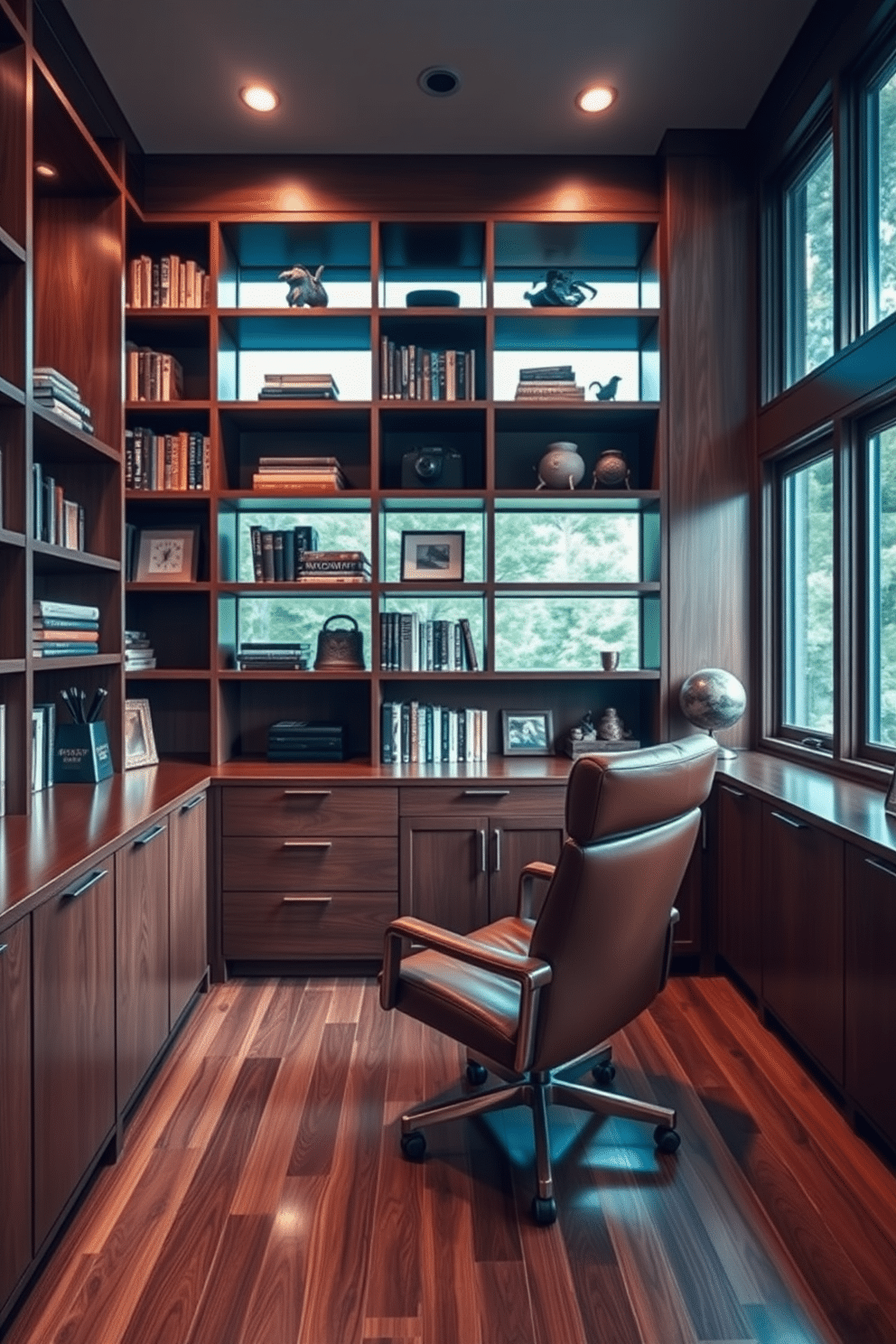 A stylish home office designed for men features a blend of open shelving and closed storage solutions. The open shelves display curated books and personal items, while the closed cabinets provide a sleek, organized look, keeping clutter out of sight. Rich wood tones dominate the space, complemented by a modern desk with a leather chair that exudes sophistication. Large windows allow natural light to flood the room, enhancing the warm ambiance and highlighting the carefully chosen decor.