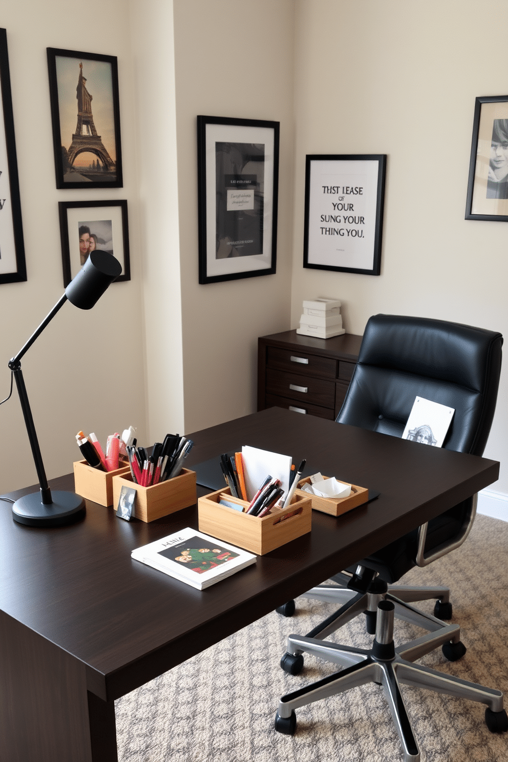 A sleek home office featuring personalized desk accessories that reflect the owner's character. The desk is made of dark wood with a modern design, complemented by a stylish leather chair and a unique desk lamp. On the desk, custom-made organizers hold pens, notepads, and personal mementos, adding a touch of individuality. The walls are adorned with framed artwork and motivational quotes, creating an inspiring atmosphere for productivity.