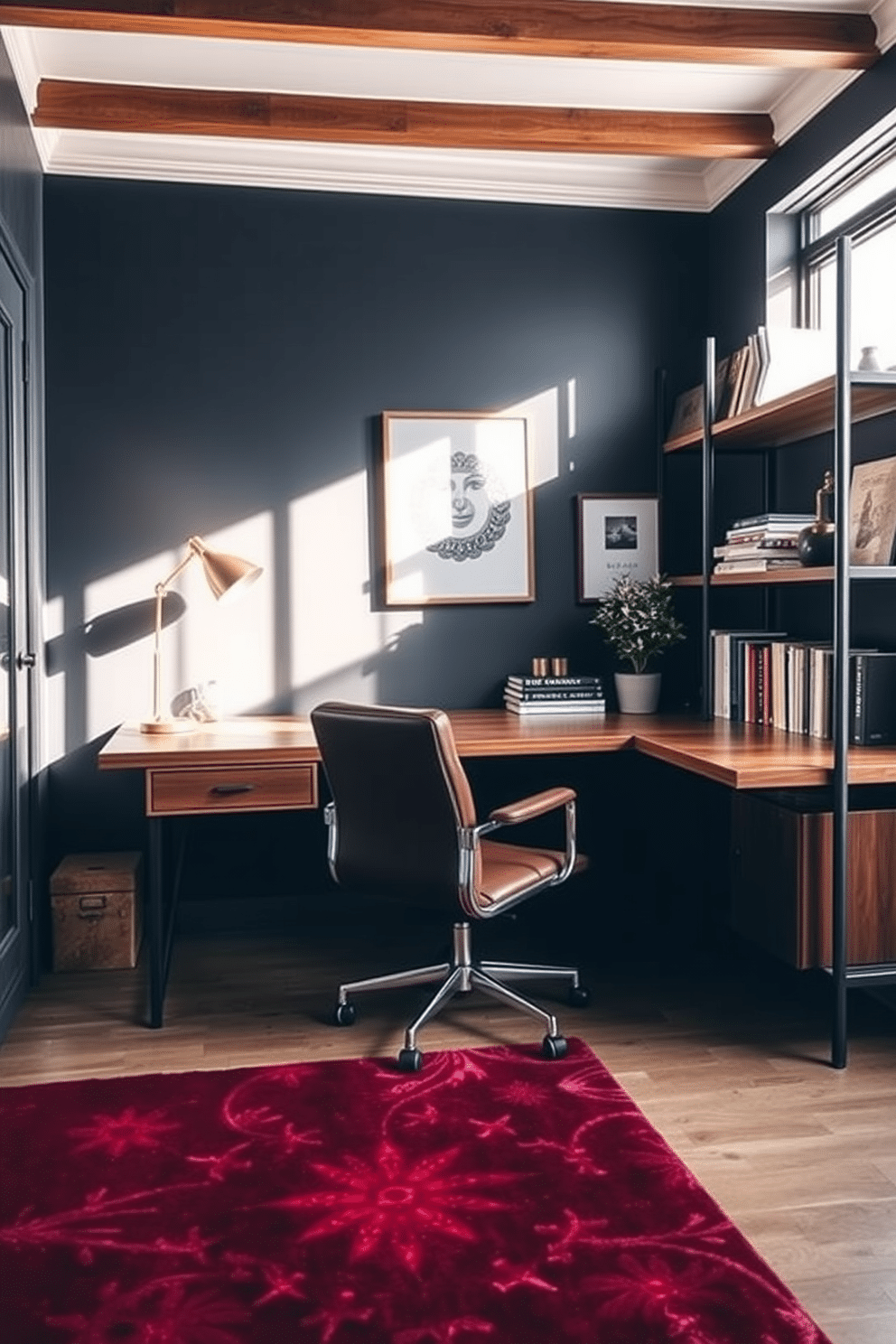 A stylish home office designed for men features a sleek wooden desk positioned against a wall adorned with dark navy paint. A statement rug in a rich burgundy hue adds warmth and texture to the space, complementing the industrial-style shelving filled with books and decor. The office chair is a modern leather design, providing both comfort and elegance. Natural light streams in through a large window, highlighting a small indoor plant that brings a touch of greenery to the sophisticated environment.