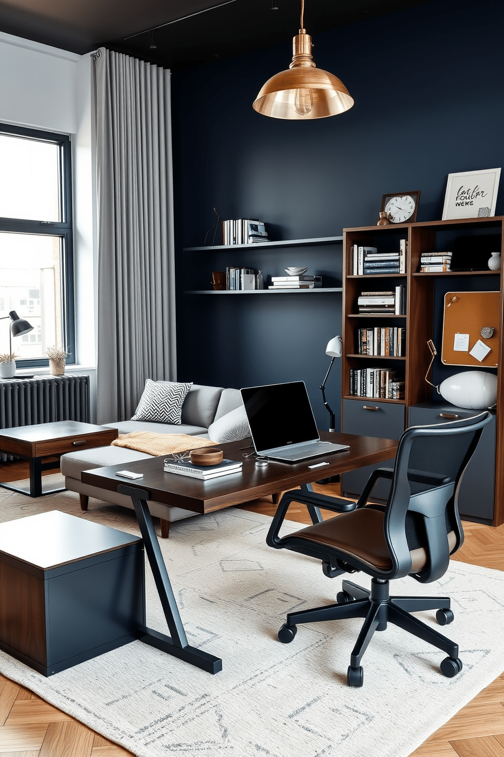 A stylish living room featuring multi-functional furniture that maximizes space. The room includes a sleek sofa that converts into a bed, a coffee table with hidden storage, and a foldable desk that can be tucked away when not in use. A modern home office designed for men, showcasing a dark wood desk paired with a comfortable ergonomic chair. The space is accented with industrial-style lighting, a large bookshelf filled with books, and a pinboard for inspiration, all set against a backdrop of deep navy walls.