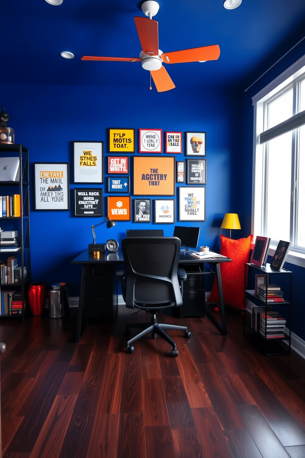 A vibrant home office designed for men, featuring bold colors like deep blue and fiery orange to energize the space. The room includes a sleek black desk with a modern ergonomic chair, complemented by a gallery wall of motivational artwork. The floor is adorned with a dark hardwood finish, creating a striking contrast with the bright accent colors. A stylish bookshelf filled with books and personal items adds character, while a large window allows natural light to flood the room, enhancing the overall atmosphere.