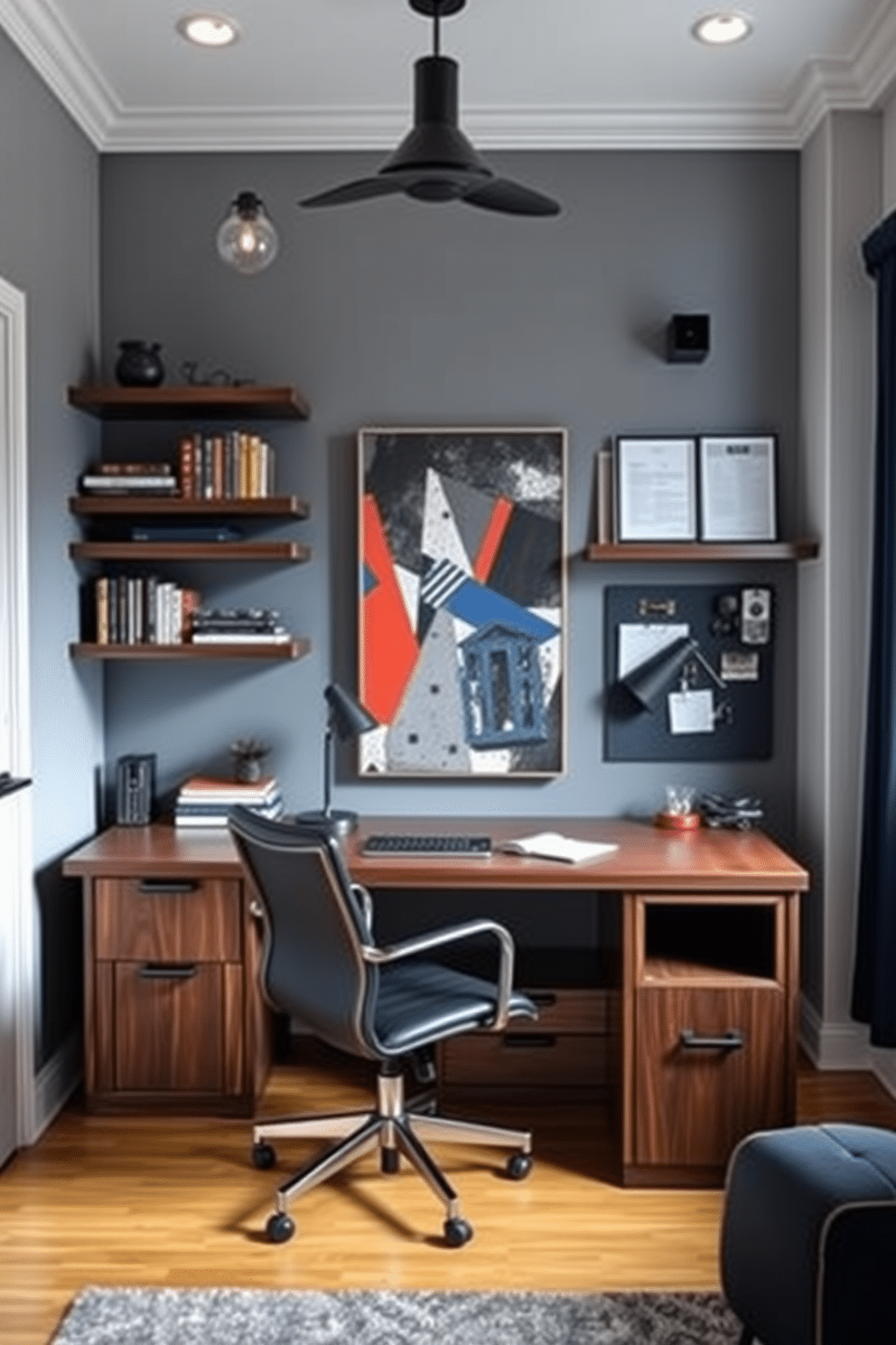 A modern home office designed for men, featuring a sleek, dark wood desk with built-in storage and a comfortable leather chair. The walls are adorned with floating shelves that display books, decorative items, and a stylish wall-mounted bulletin board for organization. Incorporate a bold color palette with navy blue accents and industrial-style lighting fixtures to create a dynamic atmosphere. A large abstract painting hangs above the desk, while a cozy area rug adds warmth to the space.