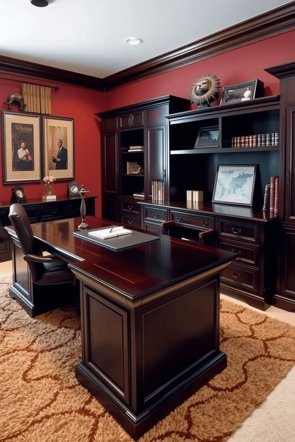 A stylish home office featuring dark wood furniture with leather accents. The desk is large and imposing, paired with a comfortable leather chair that invites long hours of productivity. The walls are adorned with rich, deep colors, creating a warm and inviting atmosphere. A plush area rug lies beneath the desk, adding texture and comfort to the space.