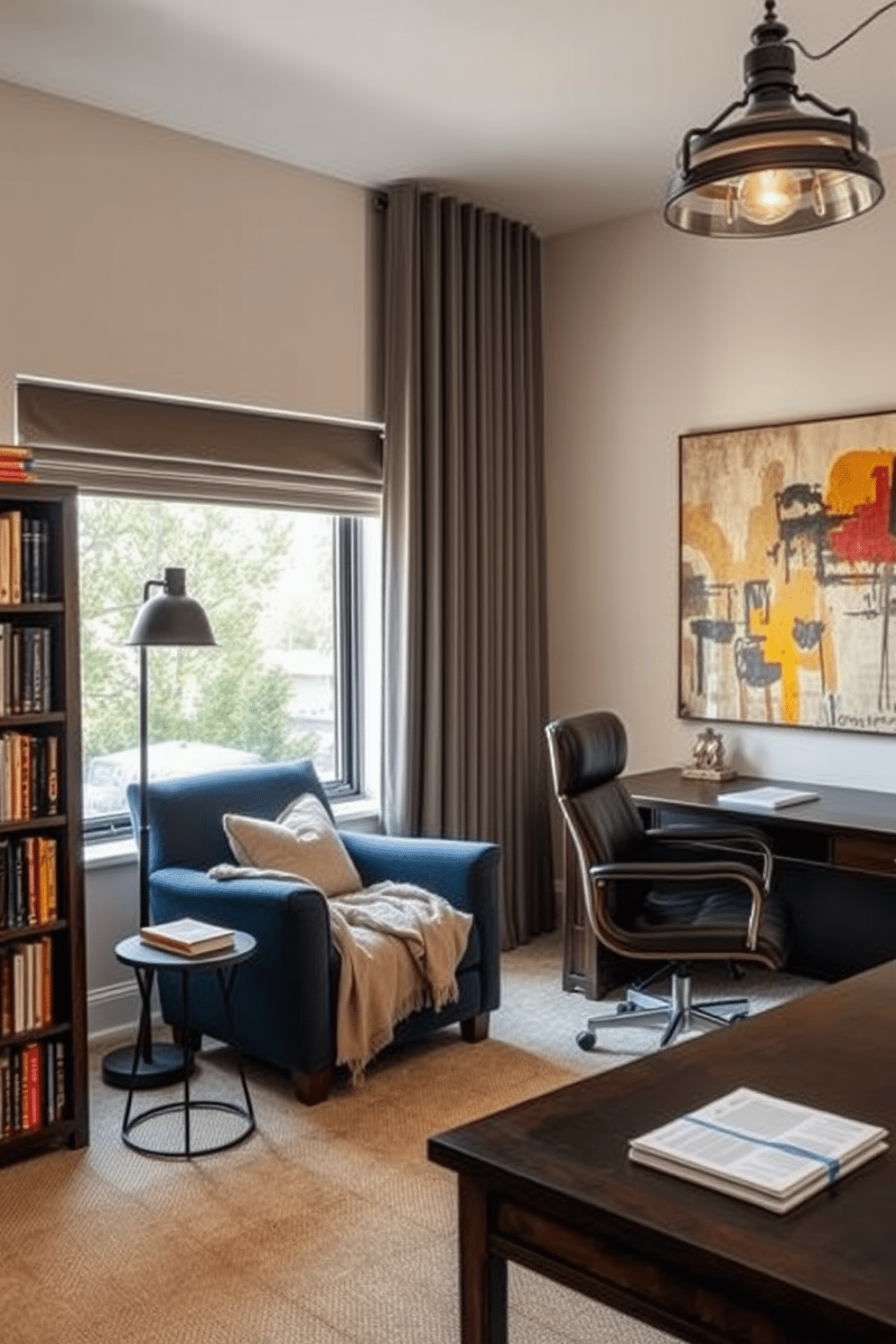 A cozy reading nook is nestled by a large window, featuring a plush armchair in a deep blue fabric and a small side table for books and coffee. A soft throw blanket drapes over the chair, and a tall bookshelf filled with an eclectic collection of books stands nearby, illuminated by a stylish floor lamp. The home office exudes a masculine elegance with a dark wood desk and a comfortable leather chair. Industrial-style lighting hangs overhead, while a large abstract painting adds a touch of color to the neutral walls, creating an inspiring workspace.