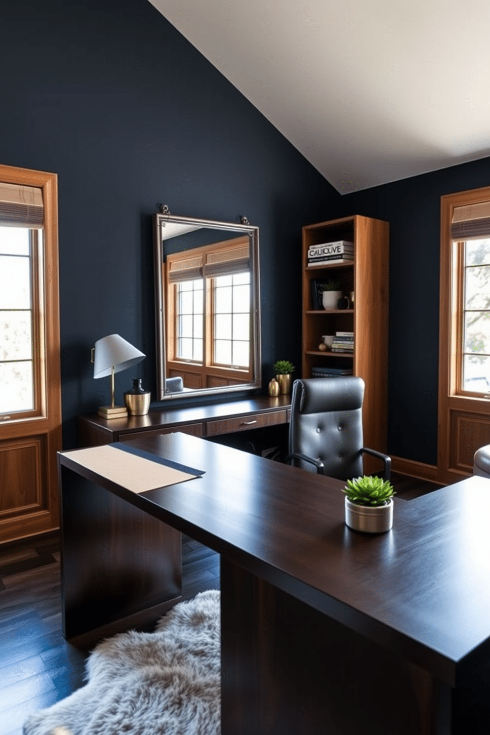 A modern home office designed for men features a large, sleek desk made of dark wood positioned against a wall of windows, allowing natural light to flood the space. Behind the desk, a statement mirror with an industrial frame reflects the light and creates a sense of openness, while a comfortable leather chair provides an inviting workspace. The walls are painted in a deep navy blue, complemented by warm wooden accents and a stylish bookshelf filled with books and decorative items. A plush area rug adds texture underfoot, and a small potted plant on the desk brings a touch of greenery to the sophisticated environment.