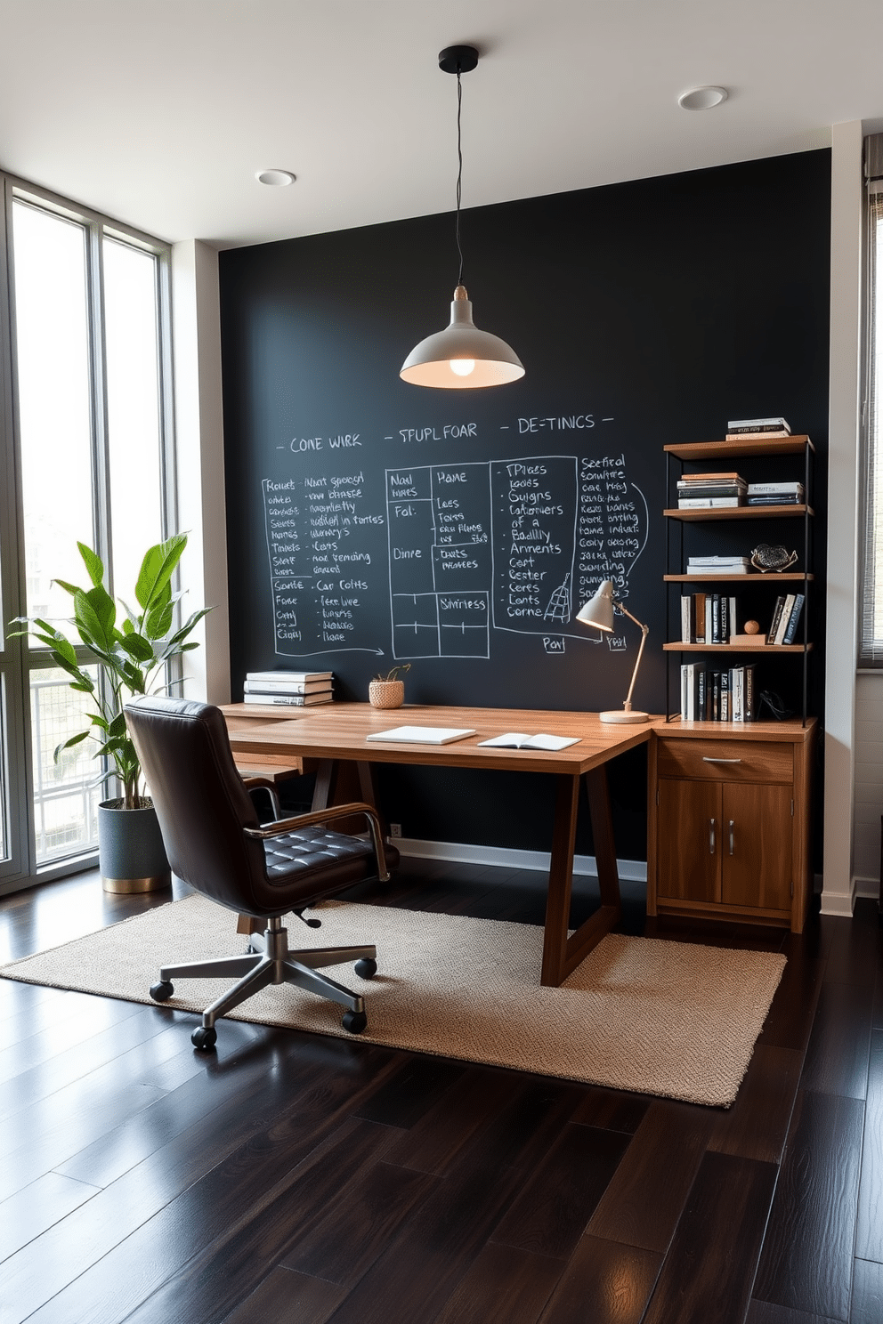 A modern home office designed for men features a chalkboard wall that serves as a creative space for brainstorming and planning. The room is equipped with a sleek wooden desk, a comfortable leather chair, and industrial-style shelving to showcase books and personal items. Natural light floods the space through large windows, highlighting the dark wood flooring and a stylish area rug. Accent lighting is provided by a minimalist pendant lamp, while a potted plant adds a touch of greenery to the overall aesthetic.