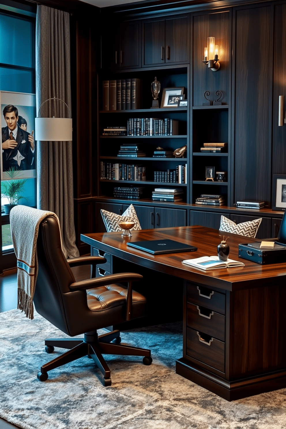 A stylish home office designed for men features a rich leather executive chair paired with a large wooden desk that showcases a sleek, modern design. The walls are adorned with dark wood paneling, and a plush area rug adds warmth underfoot, while layered textiles like a soft throw blanket and decorative cushions enhance comfort. Incorporating a sophisticated color palette of deep blues and grays, this office includes a statement bookshelf filled with curated books and personal items. Ambient lighting from a stylish desk lamp and wall sconces creates an inviting atmosphere, perfect for productivity and relaxation.