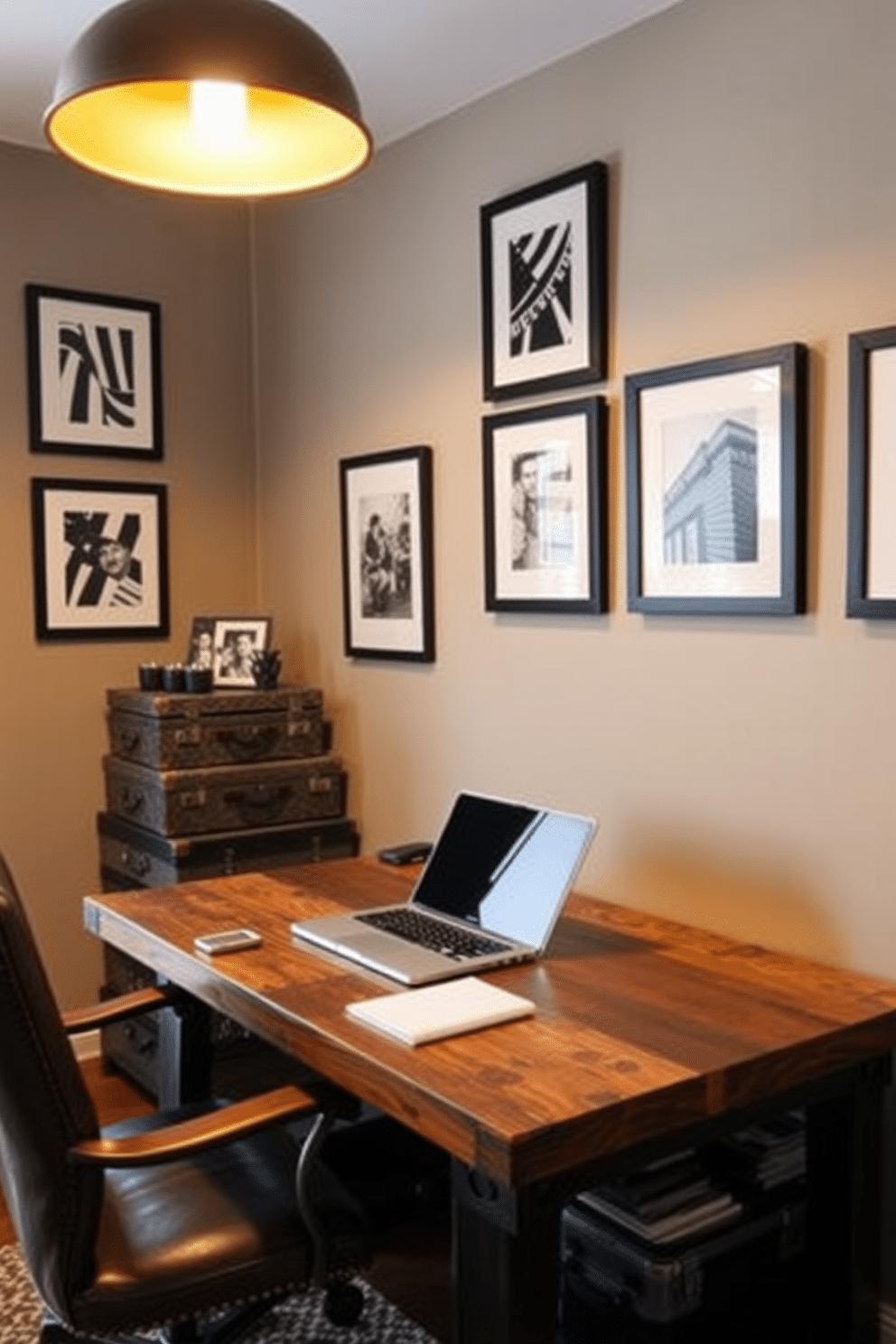 A stylish home office designed for men features a rustic wooden desk topped with a sleek laptop and vintage suitcases stacked beside it for storage. The walls are adorned with framed black-and-white photographs, and a leather chair provides a comfortable seating option, while a warm light fixture casts a cozy glow over the workspace. Incorporating vintage suitcases as storage adds character and practicality to the room. They are arranged neatly in a corner, serving as both a decorative element and a functional solution for organizing books and office supplies.