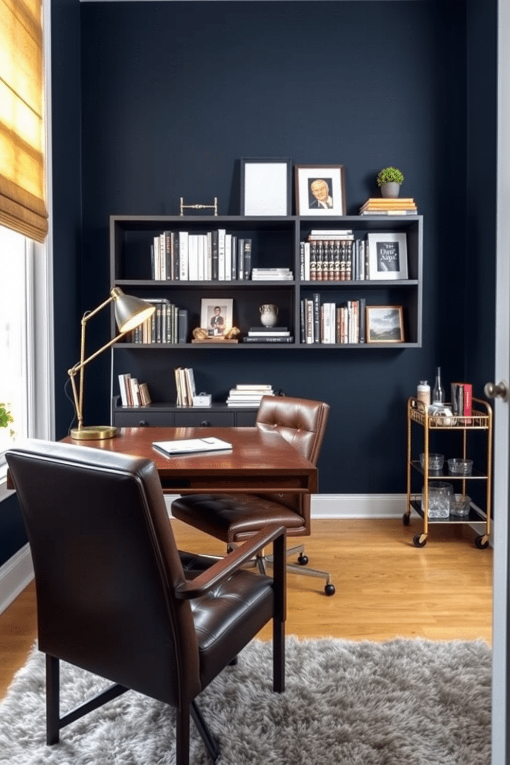 A stylish home office designed for men features a sleek wooden desk paired with a comfortable leather chair. Behind the desk, a wall-mounted bookshelf displays an array of books and decorative items, while a small bar cart to the side holds an assortment of refreshments and glassware. The walls are painted in a deep navy blue, creating a sophisticated atmosphere, complemented by warm, ambient lighting from a modern desk lamp. A plush area rug lies underfoot, adding texture and warmth to the space, while a large window allows natural light to flood the room.