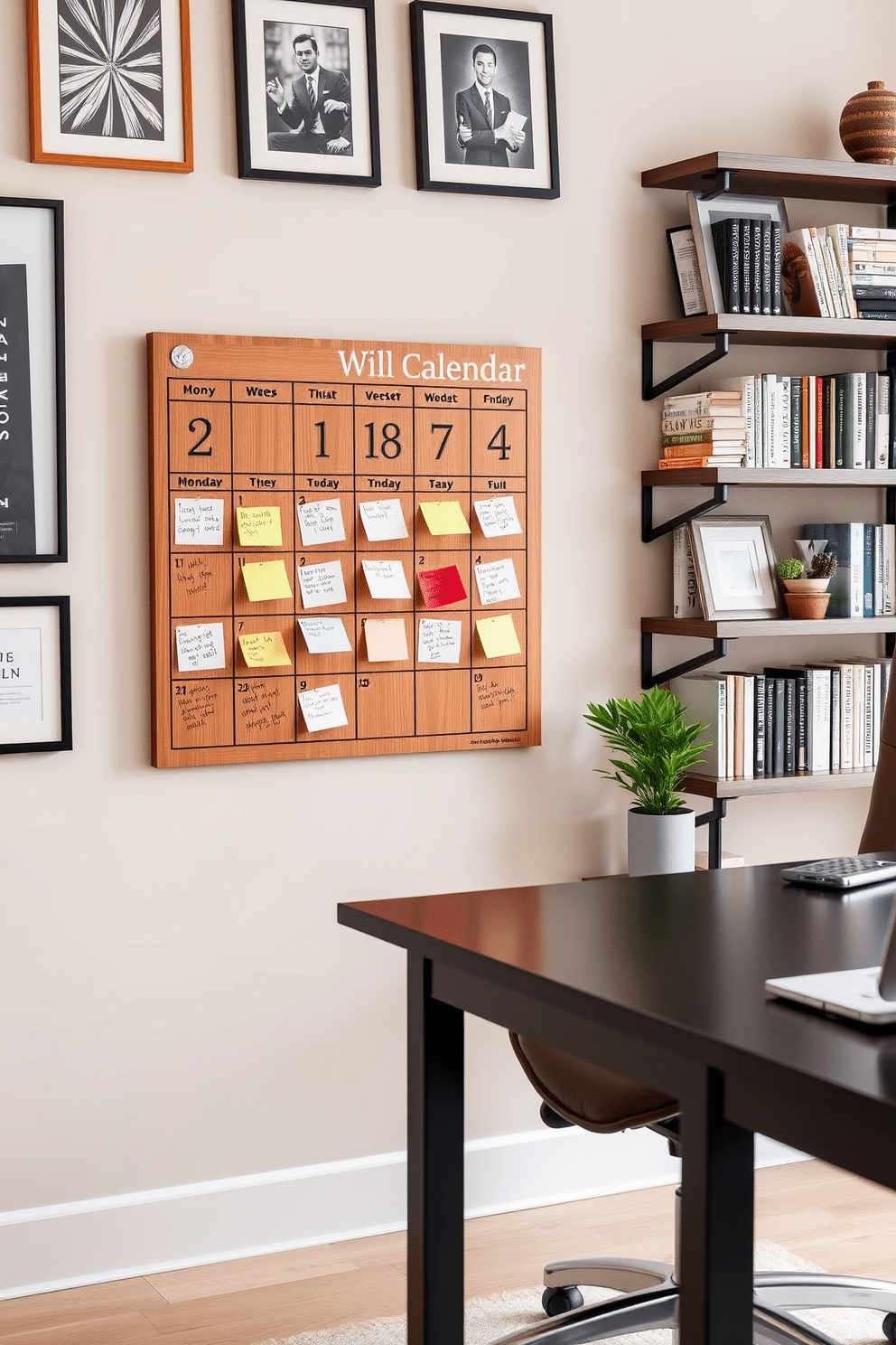 A personalized calendar display features a sleek wooden wall-mounted board with a monthly planner layout. Each day is marked with handwritten notes and colorful sticky notes, surrounded by motivational quotes and a small potted plant for a touch of greenery. The home office design for men showcases a modern workspace with a dark wood desk that complements a leather ergonomic chair. The walls are adorned with framed artwork and shelves filled with books and personal memorabilia, creating an inspiring and organized environment.