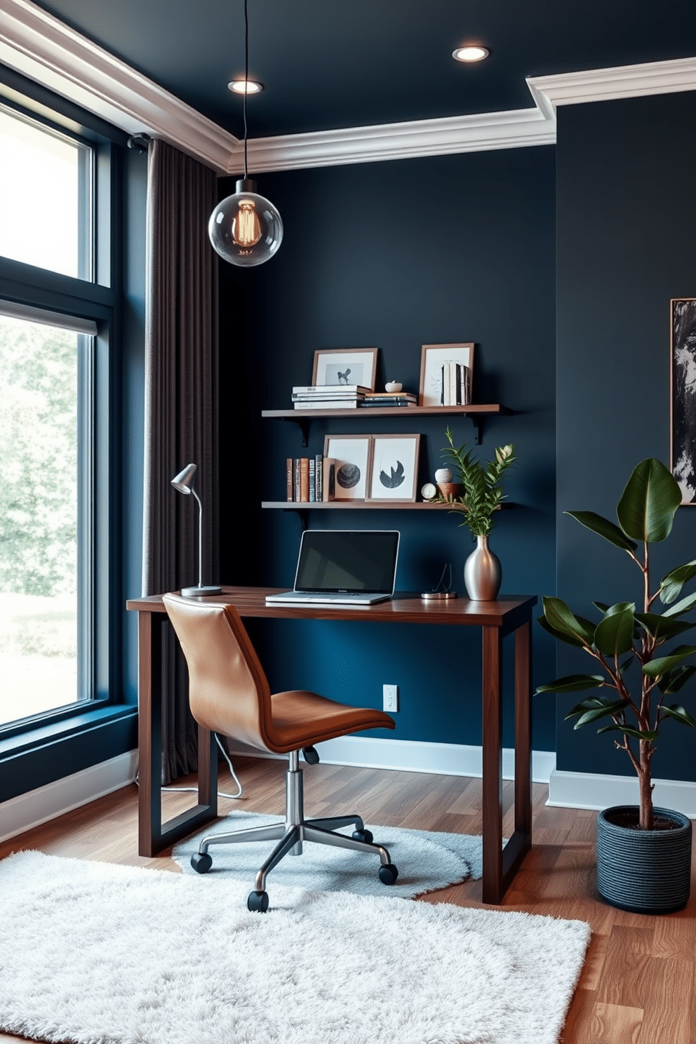 A modern home office designed for men, featuring a sleek standing desk made of dark wood with a minimalist design. The space is accented with a comfortable leather chair, industrial-style lighting, and a wall-mounted shelf displaying books and decorative items. The walls are painted in a deep navy blue, creating a sophisticated atmosphere, while a large window allows natural light to flood the room. A plush area rug in a neutral tone adds warmth, and a potted plant in the corner introduces a touch of greenery.