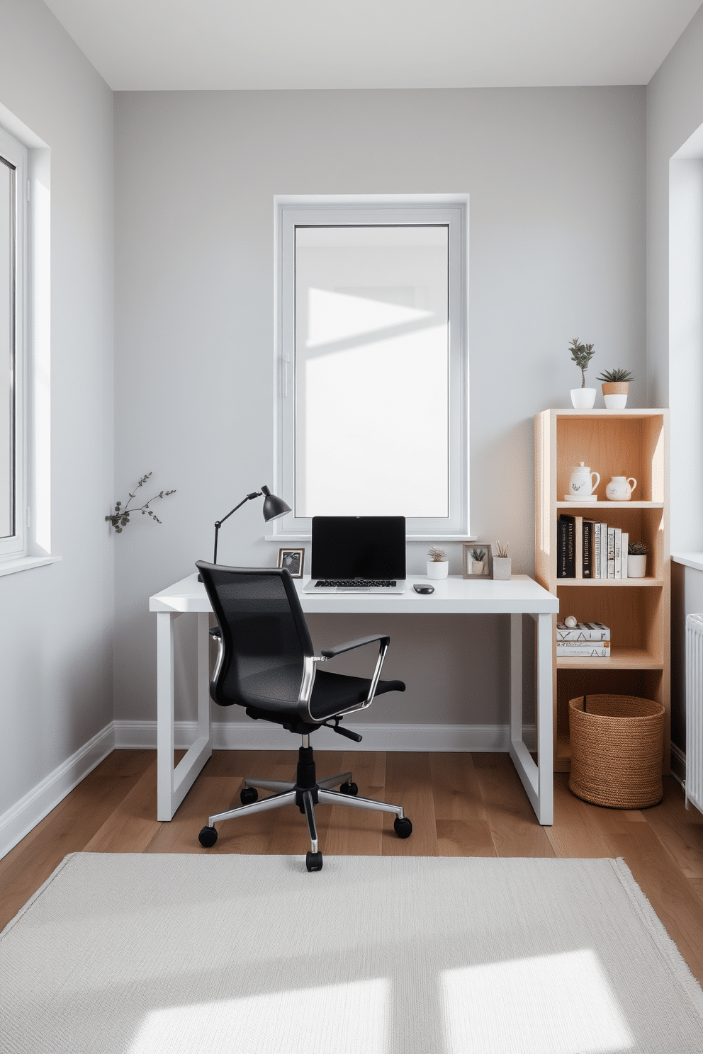 A minimalist Scandinavian home office features a sleek, white desk with clean lines and a comfortable ergonomic chair. The walls are adorned with soft gray tones, and natural light floods in through large windows, illuminating a few carefully selected decor pieces. In this design, a simple bookshelf made of light wood holds a curated collection of books and plants. A cozy area rug in neutral tones anchors the space, providing warmth and texture to the overall minimalist aesthetic.