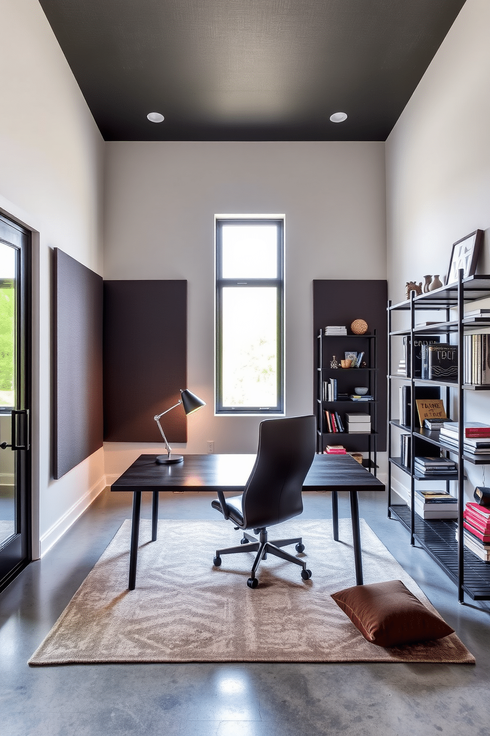 A modern home office designed for men features sleek acoustic panels on the walls, providing both sound control and a stylish aesthetic. The desk is made of dark wood, paired with a high-backed leather chair, and the space is illuminated by a contemporary desk lamp. Incorporating industrial elements, the room includes metal shelving units filled with books and decorative items. A large window allows natural light to flood the space, complemented by a cozy area rug that adds warmth to the polished concrete floor.