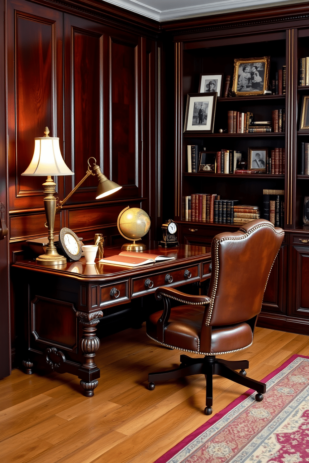 A vintage-inspired desk sits against a wall adorned with dark wood paneling, showcasing intricate carvings and a rich mahogany finish. On the desk, an antique brass lamp casts a warm glow over a leather-bound journal and a classic fountain pen, while a globe and vintage clock add character to the workspace. The office features a plush leather chair with deep brown tones, positioned for comfort and style. Shelves lined with books and framed photographs create a personal touch, complemented by a patterned rug that adds warmth to the hardwood floor.