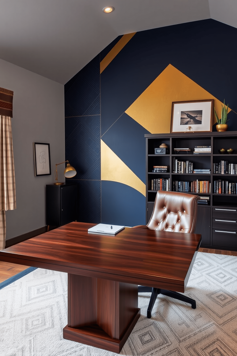 A bold accent wall features striking geometric patterns in deep navy and gold, creating a focal point in the room. The surrounding walls are painted in a soft gray, enhancing the dramatic effect of the accent wall. The home office is designed with a masculine aesthetic, incorporating a large, dark wood desk paired with a sleek leather chair. A stylish bookshelf filled with curated decor and books adds personality, while warm lighting creates an inviting atmosphere.