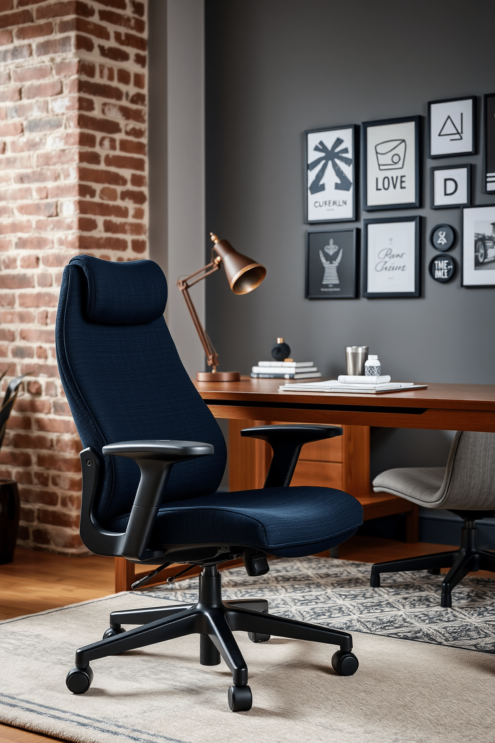 A sleek ergonomic chair designed for optimal comfort features a high backrest and adjustable armrests, upholstered in a rich navy fabric with subtle texture. The chair is complemented by a polished wooden desk with clean lines, paired with stylish accessories that enhance the overall aesthetic. The home office design for men incorporates a modern industrial theme, showcasing exposed brick walls and warm wood accents. A statement desk lamp and a plush area rug add warmth, while a gallery wall of framed art pieces reflects personal style and inspiration.