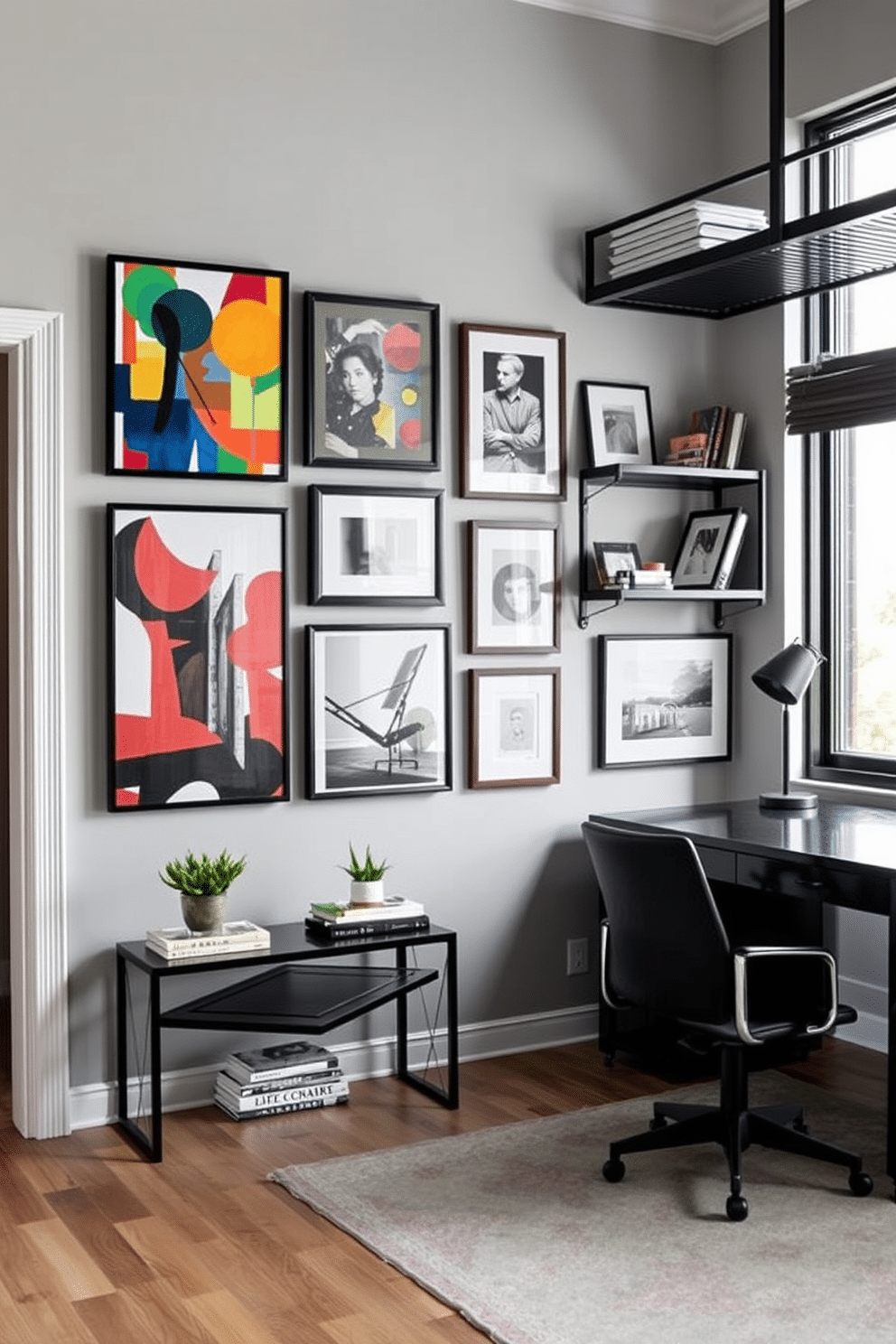 A gallery wall featuring personal artwork showcases an eclectic mix of framed pieces, including vibrant abstract paintings and black-and-white photography. The wall is painted in a soft gray, allowing the colors of the artwork to pop, while a sleek console table beneath holds decorative books and a small potted plant. The home office design for men incorporates a modern desk made of dark wood paired with a comfortable leather chair. Industrial-style shelving above the desk displays books and personal mementos, while a large window allows natural light to flood the space, enhancing productivity and creativity.