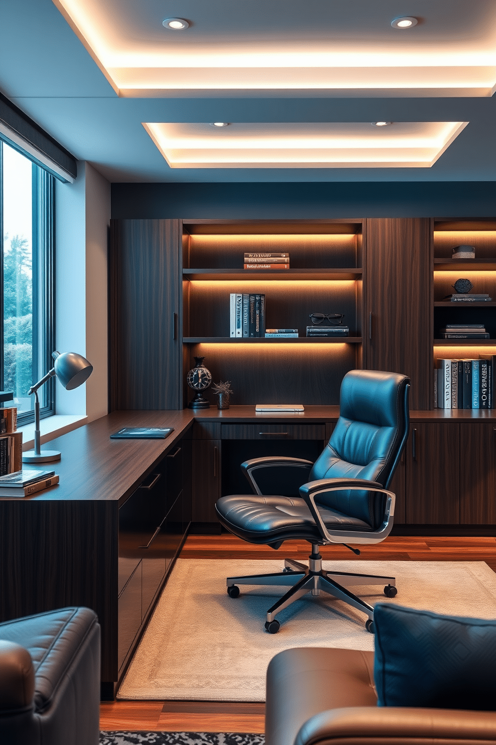 A modern home office designed for men features sleek, dark wood furniture complemented by a large leather executive chair. Smart lighting with adjustable brightness options illuminates the space, allowing for a productive atmosphere tailored to different tasks. The desk is positioned near a window, providing natural light during the day, while stylish shelves display books and personal items. A sophisticated color palette of deep blues and grays enhances the masculine aesthetic, creating a comfortable yet professional environment.