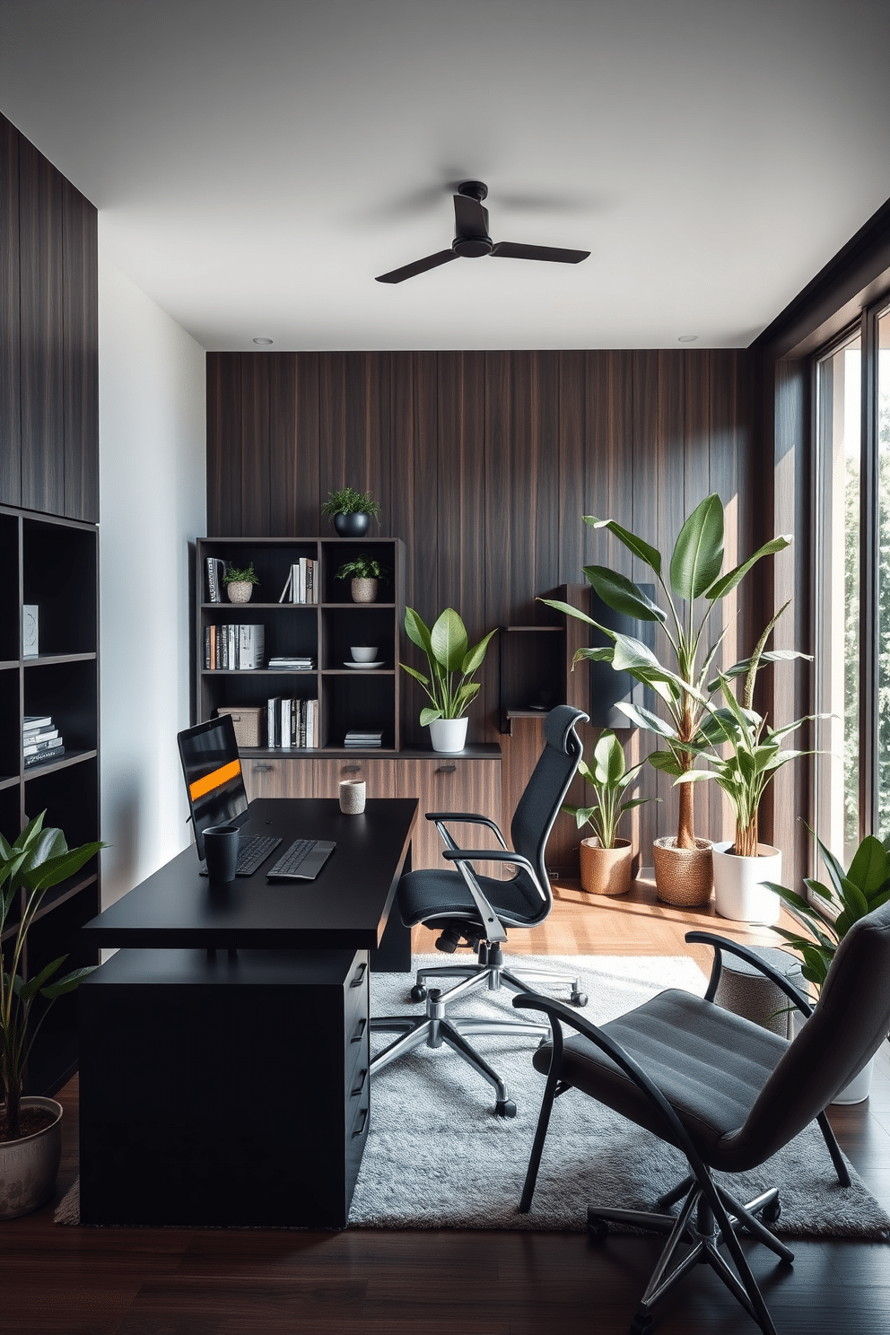 A modern home office designed for men, featuring a sleek black desk with a matching ergonomic chair. The walls are adorned with dark wood paneling, complemented by a large window that allows natural light to flood the space, enhancing the rich greenery of indoor plants positioned in stylish pots around the room. A minimalist bookshelf filled with curated books and decorative items stands against one wall, while a comfortable lounge chair in the corner invites relaxation. The floor is covered with a plush area rug, and a few strategically placed indoor plants add a touch of life and freshness to the sophisticated environment.