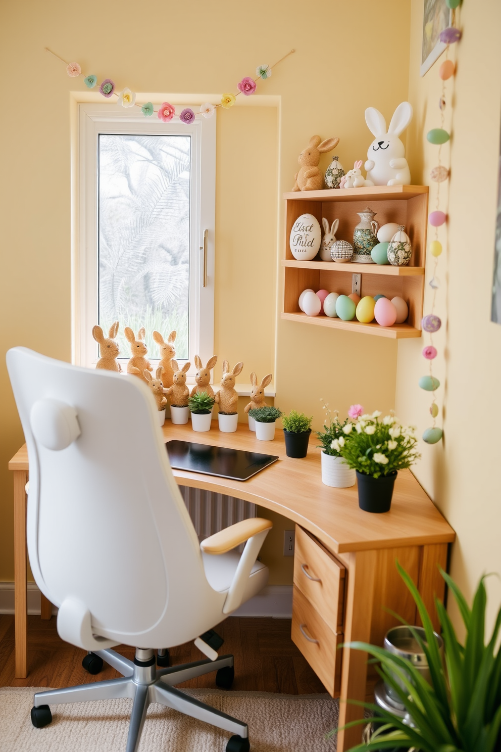 A cozy home office adorned with charming bunny figurines on the windowsill. The desk is made of light oak wood, paired with a comfortable white ergonomic chair, and the walls are painted in a soft pastel yellow to evoke the warmth of spring. On the windowsill, several bunny figurines in various playful poses are arranged among small potted plants. The shelves are decorated with Easter-themed items, including colorful eggs, a garland of pastel-colored paper flowers, and a few more bunny figurines to tie the theme together.