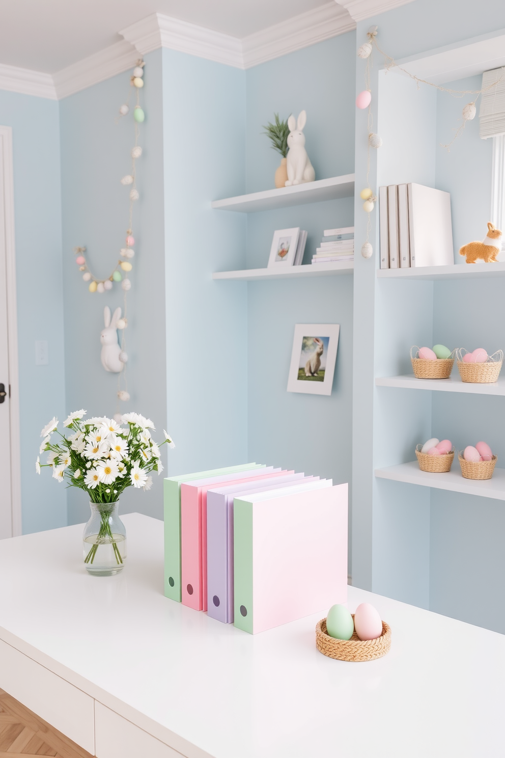 A bright and cheerful home office setting. The walls are painted in a soft pastel blue, complemented by white trim and light wood furniture. On a sleek white desk, there are several pastel-colored file folders neatly arranged, each in shades of pink, mint green, and lavender. Above the desk, floating shelves hold decorative items and additional folders, creating a harmonious and organized workspace. An inviting and festive home office decorated for Easter. The room features light pastel walls adorned with delicate garlands of pastel-colored eggs and bunny motifs. On the desk, a vase filled with fresh spring flowers sits alongside a collection of pastel-colored file folders, adding a touch of seasonal charm. Small decorative baskets filled with Easter eggs are placed on the shelves, enhancing the holiday spirit while maintaining a productive environment.