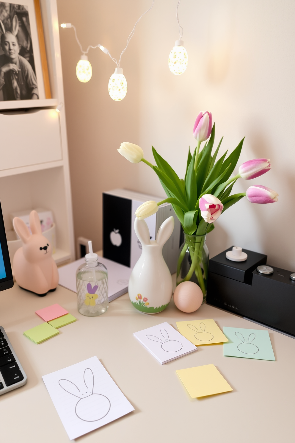 A cozy home office decorated for Easter. The desk is adorned with pastel-colored sticky notes and notepads featuring bunny and egg designs. A vase filled with fresh tulips sits on the corner of the desk, adding a touch of spring. Delicate string lights shaped like Easter eggs hang above the workspace, casting a warm glow.