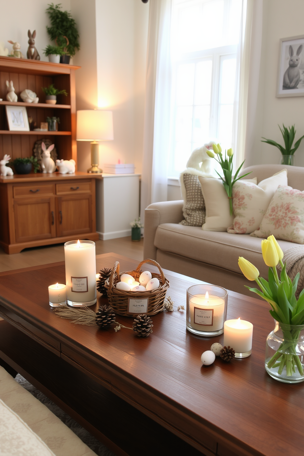 A cozy living room scene. On a wooden coffee table, there are several seasonal scented candles with floral scents, their soft glow casting a warm ambiance. Surrounding the candles are small decorative items like pinecones and dried flowers, enhancing the seasonal theme. The room features a plush sofa with floral-patterned cushions, and a large window allows natural light to filter through sheer curtains. A bright and cheerful home office decorated for Easter. The desk is adorned with pastel-colored decorations, including a small Easter basket filled with painted eggs. On the shelves, there are bunny figurines and spring-themed artwork. The walls are painted in a light, airy color, and a vase with fresh tulips sits on the corner of the desk.