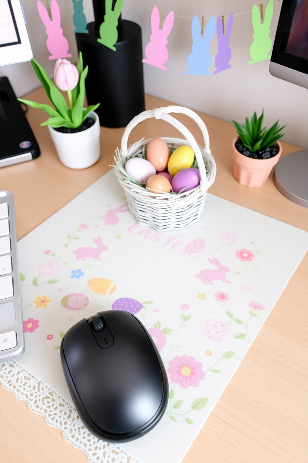 A cheerful Easter-themed mouse pad for a desk. The pad features a pastel-colored background with an intricate pattern of Easter eggs, bunnies, and spring flowers, bordered with a delicate lace design. Home office Easter decorating ideas. Incorporate soft pastel hues for a calming atmosphere, with a centerpiece of a decorative Easter basket filled with colorful eggs and faux grass on your desk. Add a touch of spring with potted flowers or a small vase of fresh tulips, and hang a festive garland of paper bunnies and eggs along the wall above your workspace.