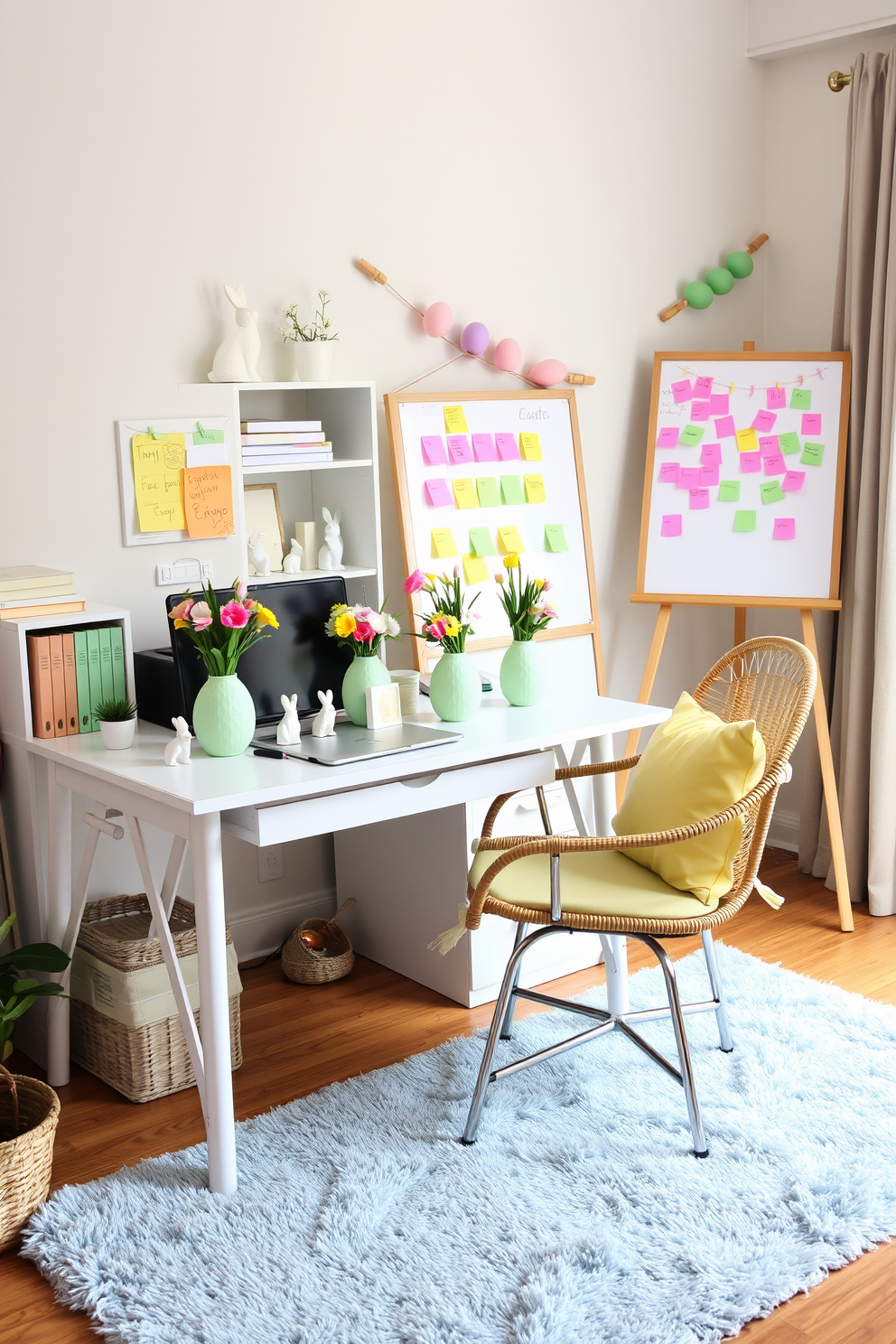 A cozy home office decorated for Easter. The desk is adorned with decorative egg vases filled with fresh flowers, adding a touch of springtime charm. On the bookshelf, there are small bunny figurines and pastel-colored books. A soft, light blue rug covers the floor, and a wicker chair with a pastel yellow cushion sits by the desk. A whiteboard on the wall displays colorful Easter-themed sticky notes and a garland of pastel eggs hangs above the window.