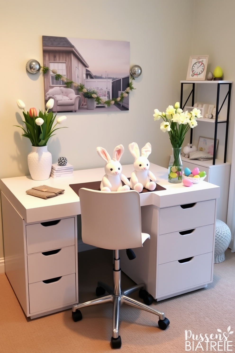 A cozy home office decorated for Easter, featuring a modern desk with a sleek white finish. On the office chair, several bunny plush toys are arranged, adding a playful touch to the professional setting. The walls are painted in a soft pastel hue, and a vase with fresh spring flowers sits on the desk. Easter-themed decorations, such as colorful eggs and a garland, are tastefully placed around the room, creating a festive yet elegant atmosphere.