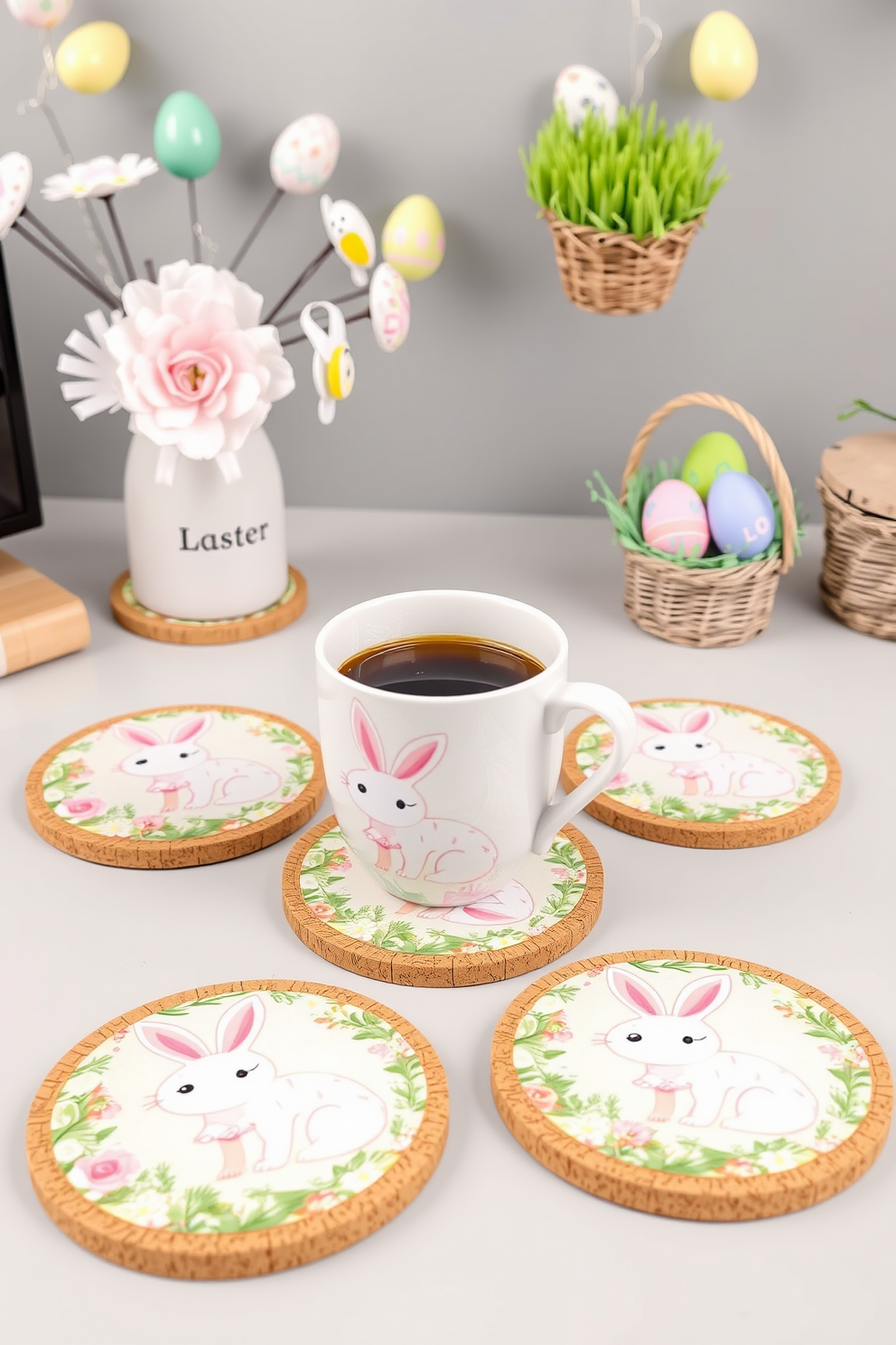 Easter-themed coasters for coffee cups: Design a set of round coasters featuring pastel-colored Easter eggs and bunnies, with intricate floral patterns around the edges. The coasters are made of cork and have a smooth, glossy finish to ensure durability and easy cleaning. Home Office Easter Decorating Ideas: Transform your home office into a festive Easter space with pastel-colored decor and bunny-themed accessories. Place a vase of fresh spring flowers on your desk, hang a garland of Easter eggs along the wall, and add a few decorative Easter baskets filled with faux grass and colorful eggs on your shelves.