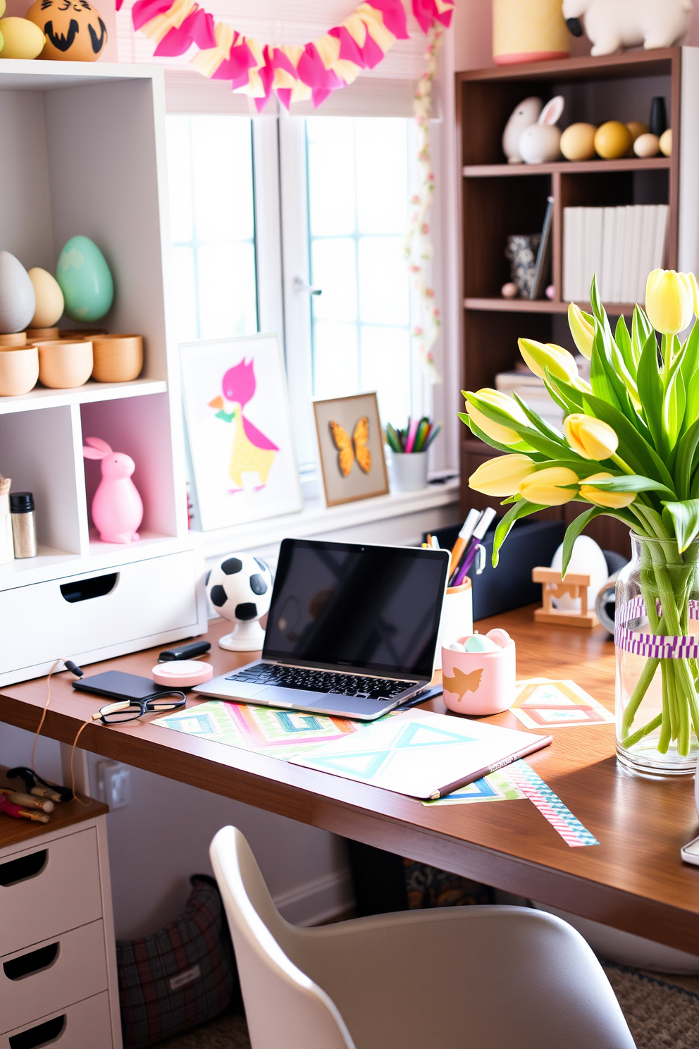 A vibrant home office setup adorned with colorful washi tape. The tape is used to create geometric patterns on the desk, adding a playful and creative touch to the workspace, while also organizing cables and stationery. An Easter-themed home office brimming with festive decorations. Pastel-colored eggs and bunny figurines are placed on shelves, while a vase of fresh tulips sits on the desk, bringing a springtime feel to the environment.