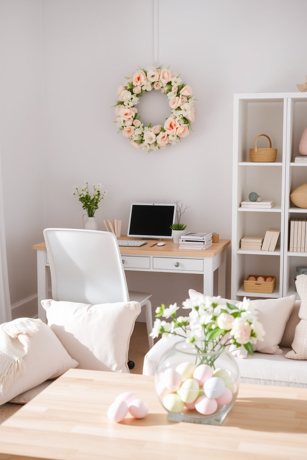 A cozy home office space with a pastel floral wreath hanging above a white desk. The desk features a light wood top, a sleek white chair, and is decorated with pastel stationery and a small potted plant. For Easter decorating, the room includes soft pastel-colored cushions on a comfy sofa, and a white bookshelf adorned with Easter-themed decorations. Delicate pastel eggs in a glass bowl sit on the coffee table, alongside a vase filled with fresh spring flowers.