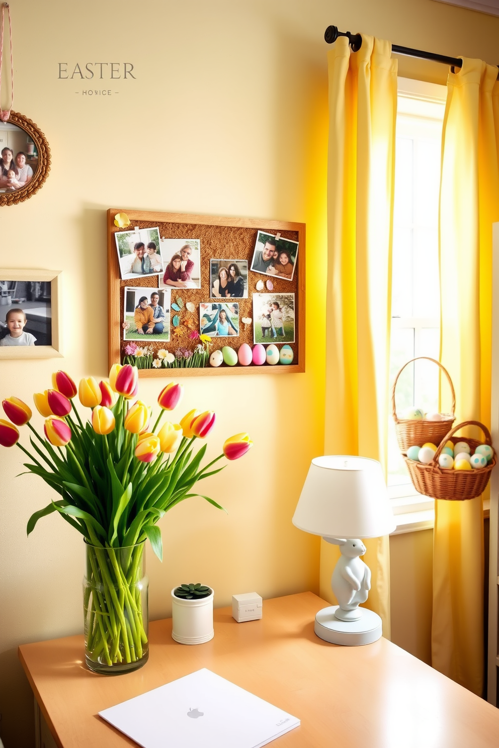 A cozy home office adorned with Easter decorations. On the wall, a spring-themed corkboard displays photos of family gatherings, pastel-colored eggs, and blooming flowers. The desk features a vase filled with fresh tulips, and a bunny-shaped lamp adds a whimsical touch. Soft yellow curtains frame the window, letting in natural light, while a basket of painted eggs sits on a nearby shelf.