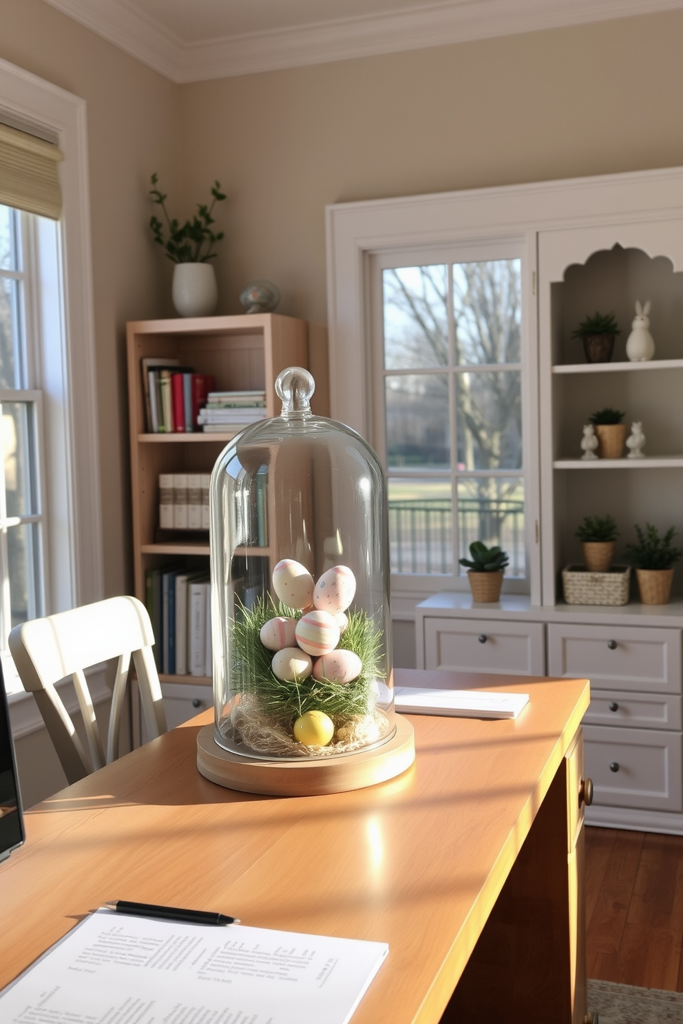 A cozy home office adorned with Easter decorations. A glass cloche sits on the wooden desk, showcasing delicate hand-painted eggs in pastel colors. The walls are painted a soft beige, and a large window lets in plenty of natural light. On the bookshelf, there are small potted plants and Easter-themed figurines, adding a festive touch to the workspace.