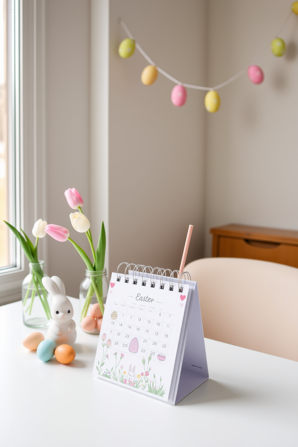 An Easter-themed desk calendar sits on a white desk, featuring pastel-colored pages adorned with illustrations of bunnies, eggs, and flowers. Next to the calendar, a small vase with fresh tulips adds a touch of spring, while a ceramic bunny figurine holds a few pastel-colored pens. For home office Easter decorating ideas, imagine a workspace with a light wooden desk and a comfortable, beige chair. On the desk, a glass jar filled with colorful Easter eggs adds a festive touch, while a garland of pastel-colored paper eggs hangs above the window, bringing in the cheerful spirit of spring.