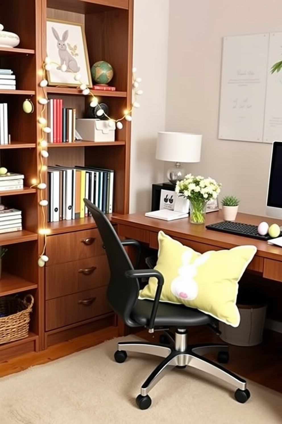 A cozy home office decorated for Easter. The office chair features seasonal throw pillows in pastel colors with bunny and egg designs, adding a festive touch to the workspace. The desk is adorned with a small vase of fresh spring flowers and a few decorative Easter eggs. A light garland with mini Easter ornaments is draped across the bookshelf, creating a cheerful and inviting atmosphere for work.