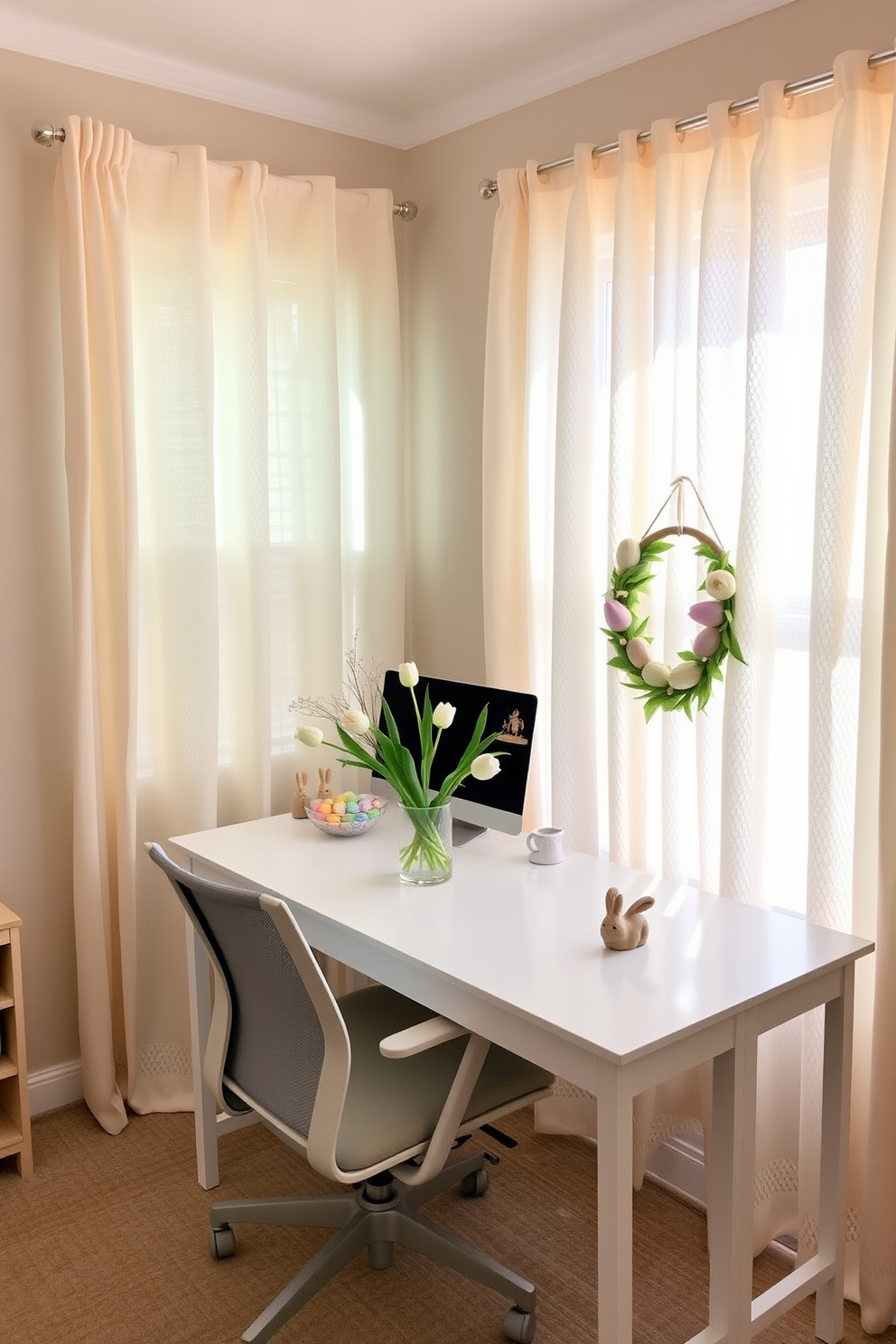 A cozy home office with pastel-colored curtains that gently filter the sunlight, creating a serene and inviting atmosphere. The walls are painted in a soft beige, and the room is furnished with a white wooden desk and a comfortable ergonomic chair. For Easter decorating ideas, consider placing a vase of fresh tulips on the desk and hanging a delicate wreath adorned with pastel-colored eggs on the wall. Add a few small decorative bunnies and a bowl of colorful Easter candies to bring a festive and cheerful vibe to the space.